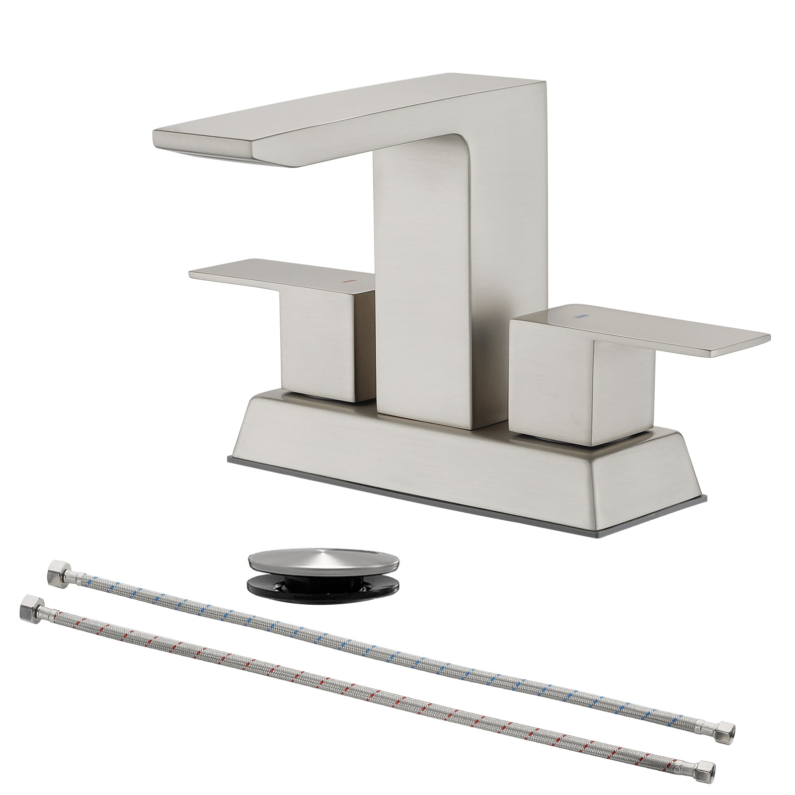WELLFOR FH76572-N Brushed Nickel 4-in centerset 2-handle Waterfall Residential Handle Bathroom Sink Faucet with Drain