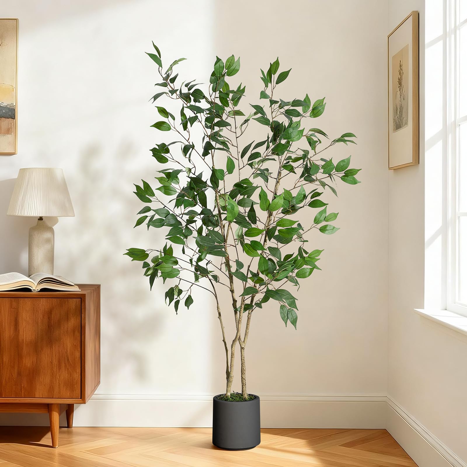 GarveeLife Artificial Ficus Tree Indoor Faux Silk Plant with Realistic Wood Trunk and Fruit Large Potted Office Decor for Home Living Room Modern House Plant
