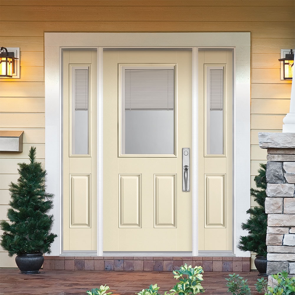Masonite 1218495 60-in x 80-in x 4-9/16-in Fiberglass Half lite Left-hand inswing Bisque Painted Prehung Front Door with Sidelights with Brickmould Insulating core with Blinds
