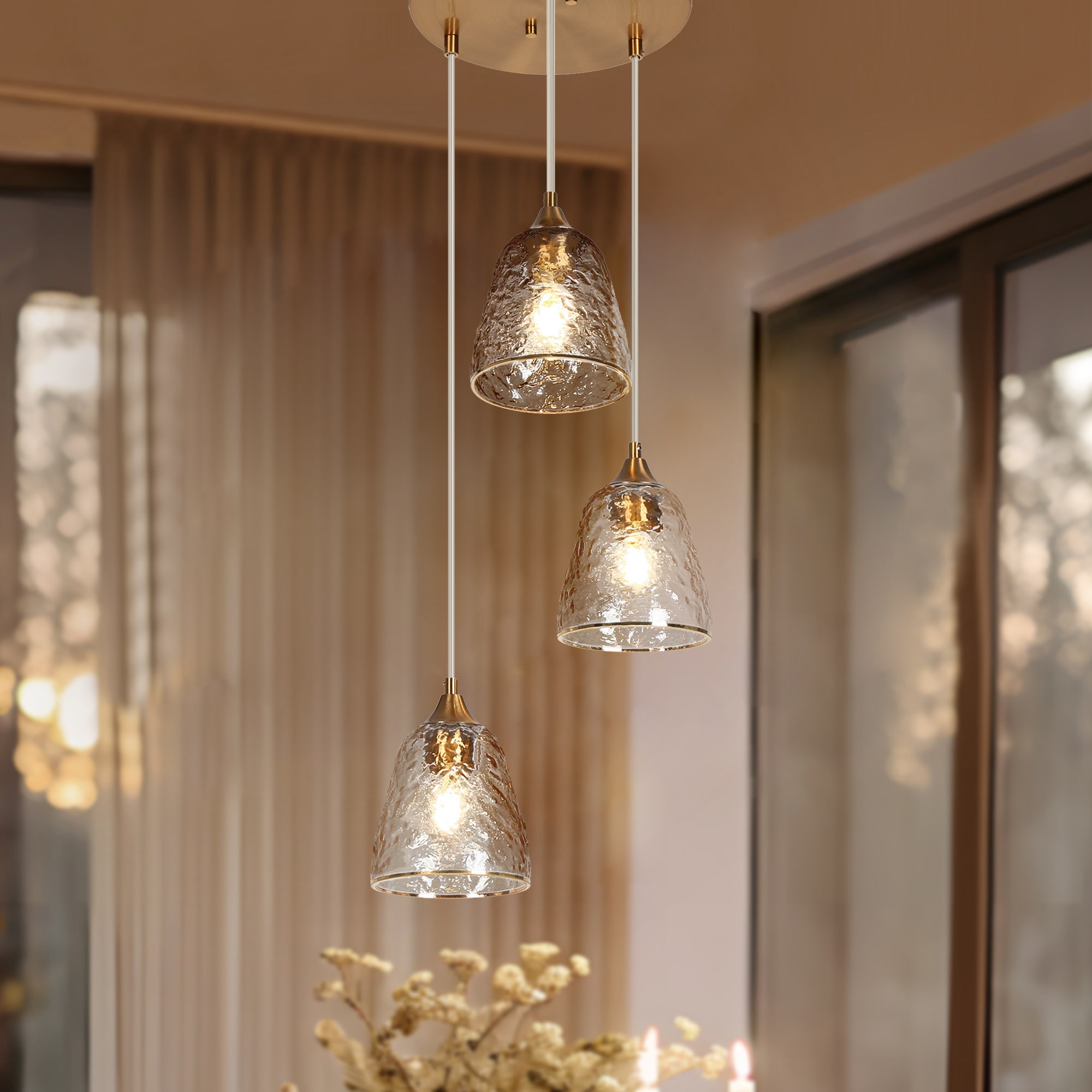 LNC L2E2U7B250349C Dolohovstrout 3 -Light Gold with Art Ripple Glass Modern/contemporary Art glass Bell Medium Hanging Kitchen island light