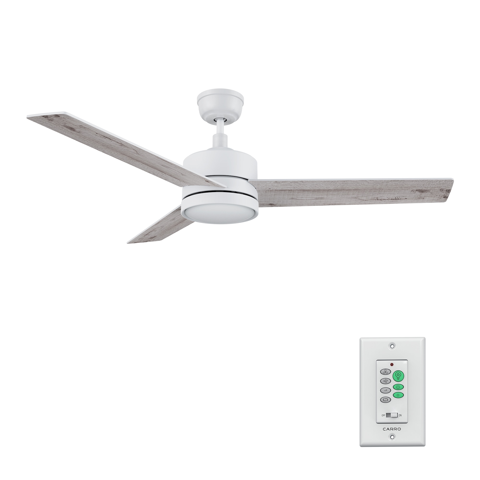 CARRO USA Louy 52-in White with White/Light Wooden Blades LED Ceiling Fan With Light and Wall Control Included 3 -Blade