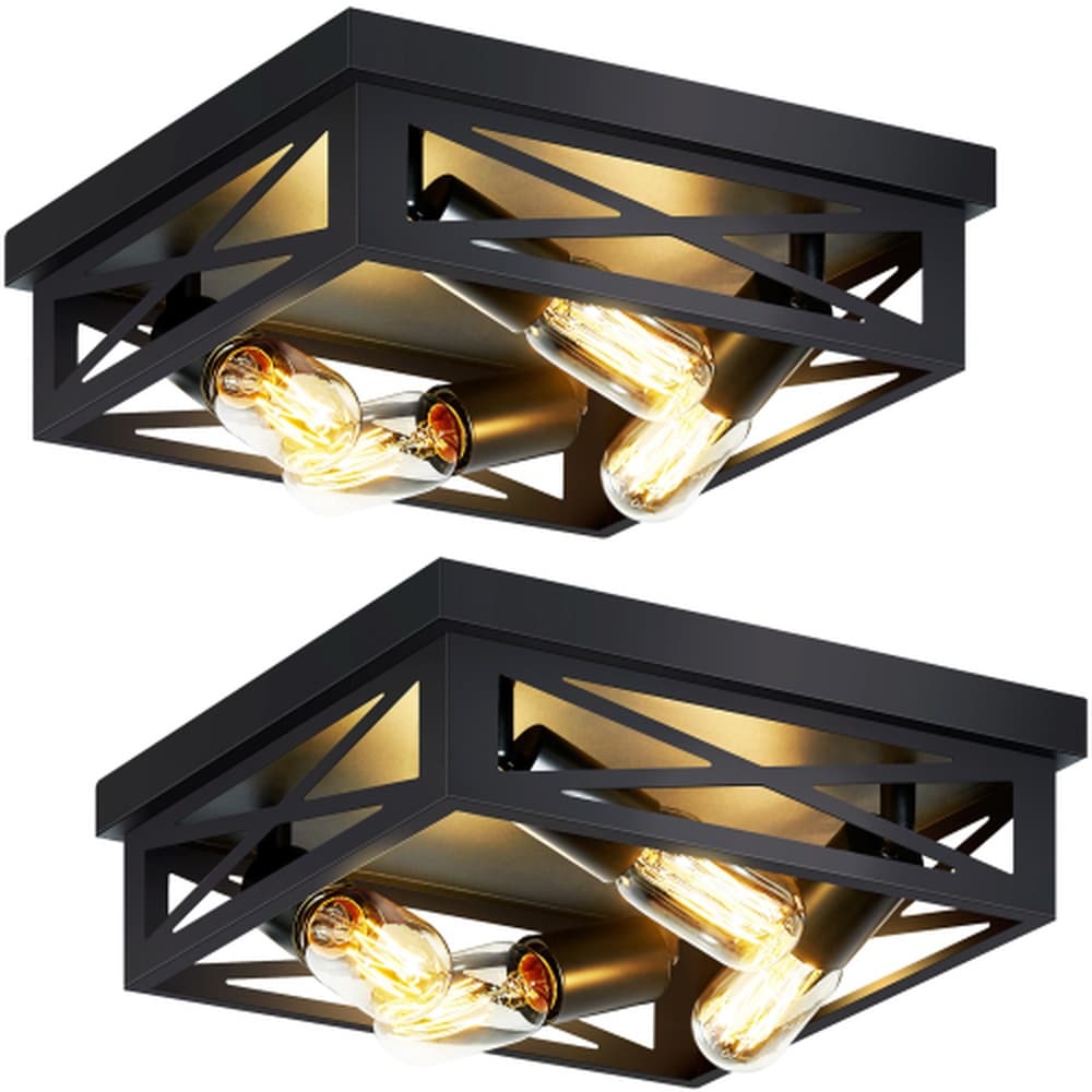 XPEHK 2 Pack 4 Light Matte Black Farmhouse Square Flush Mount Ceiling Light Vintage Geometric Iron Cage Industrial Close to Ceiling Light Fixture for Dining Room Bedroom Hallway Entryway