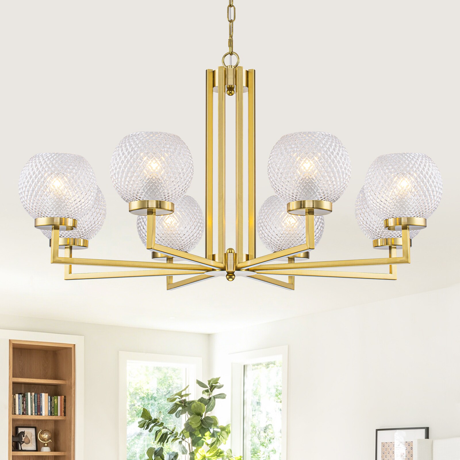 MENCOLULU 8-Light Hanging with Textured Glass Shades 8 -Light Brushed Gold Textured glass Metal Chandelier