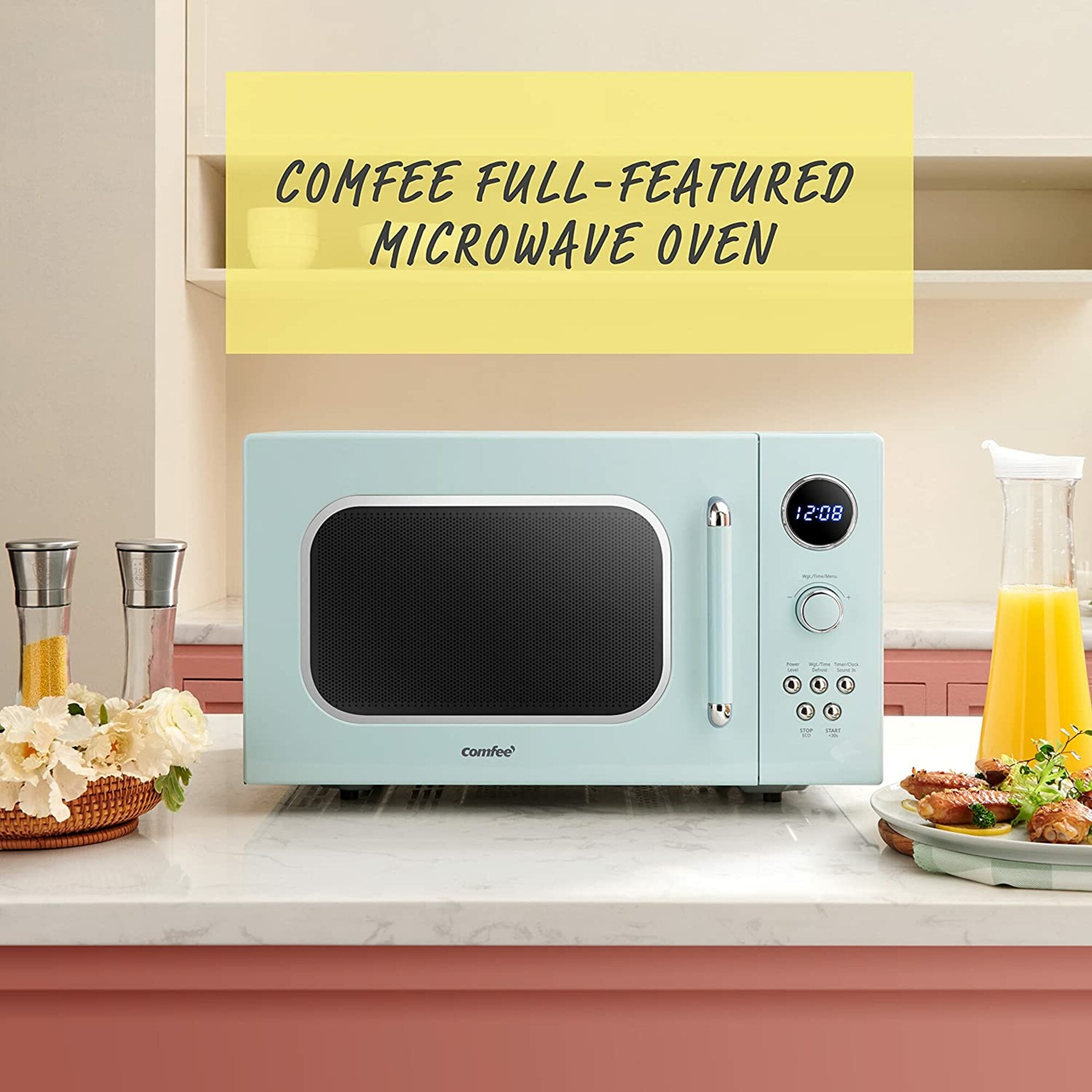 Comfee CM-M093ARD Retro Microwave with 9 Preset Programs, Fast Multi-Stage Cooking, Turntable Reset Function Kitchen Timer, Mute