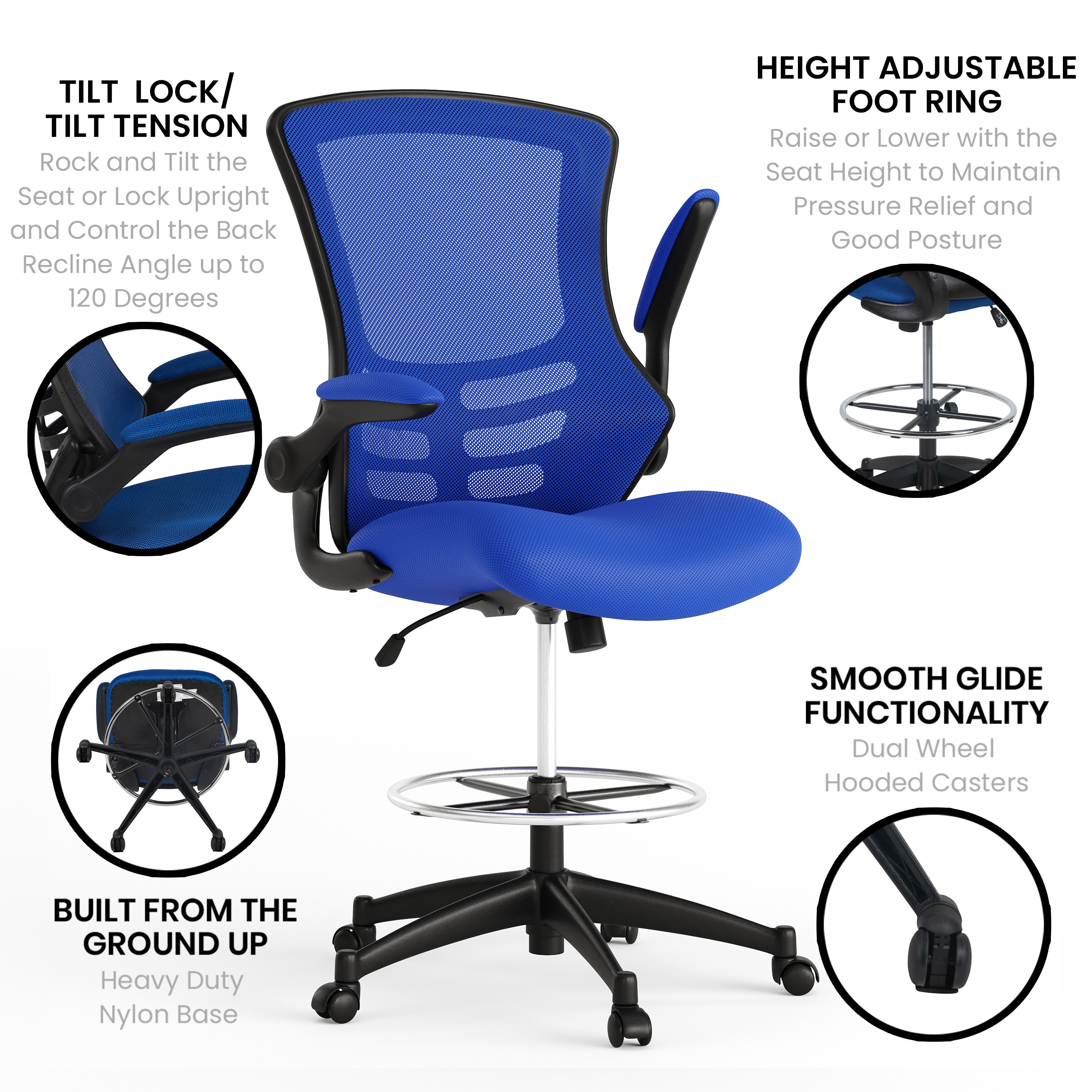 ErgoFlex Blue Mesh and Leather Drafting Chair with Adjustable Arms
