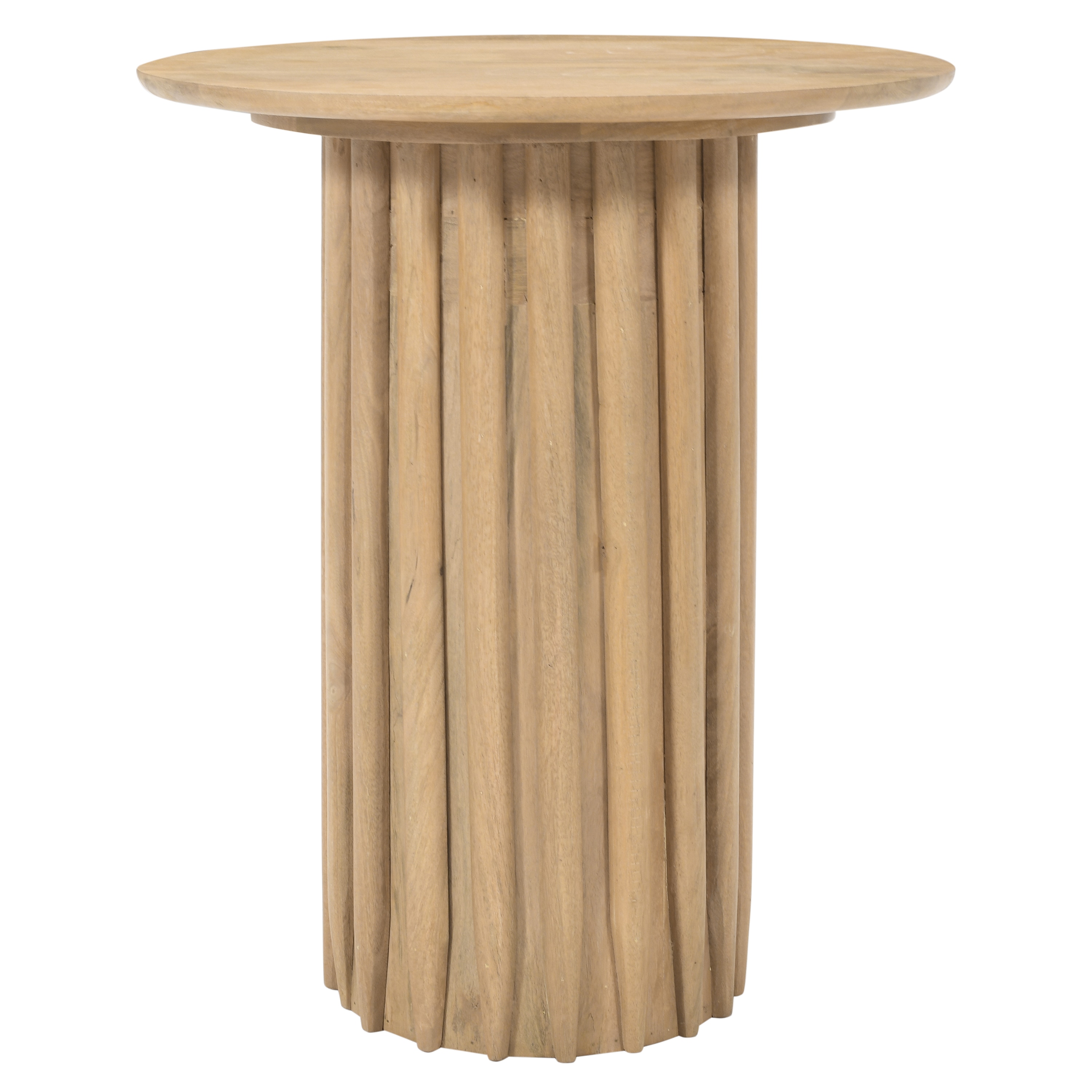 Light Brown Mango Wood Round Dinner Table with Ridged Plinth Base