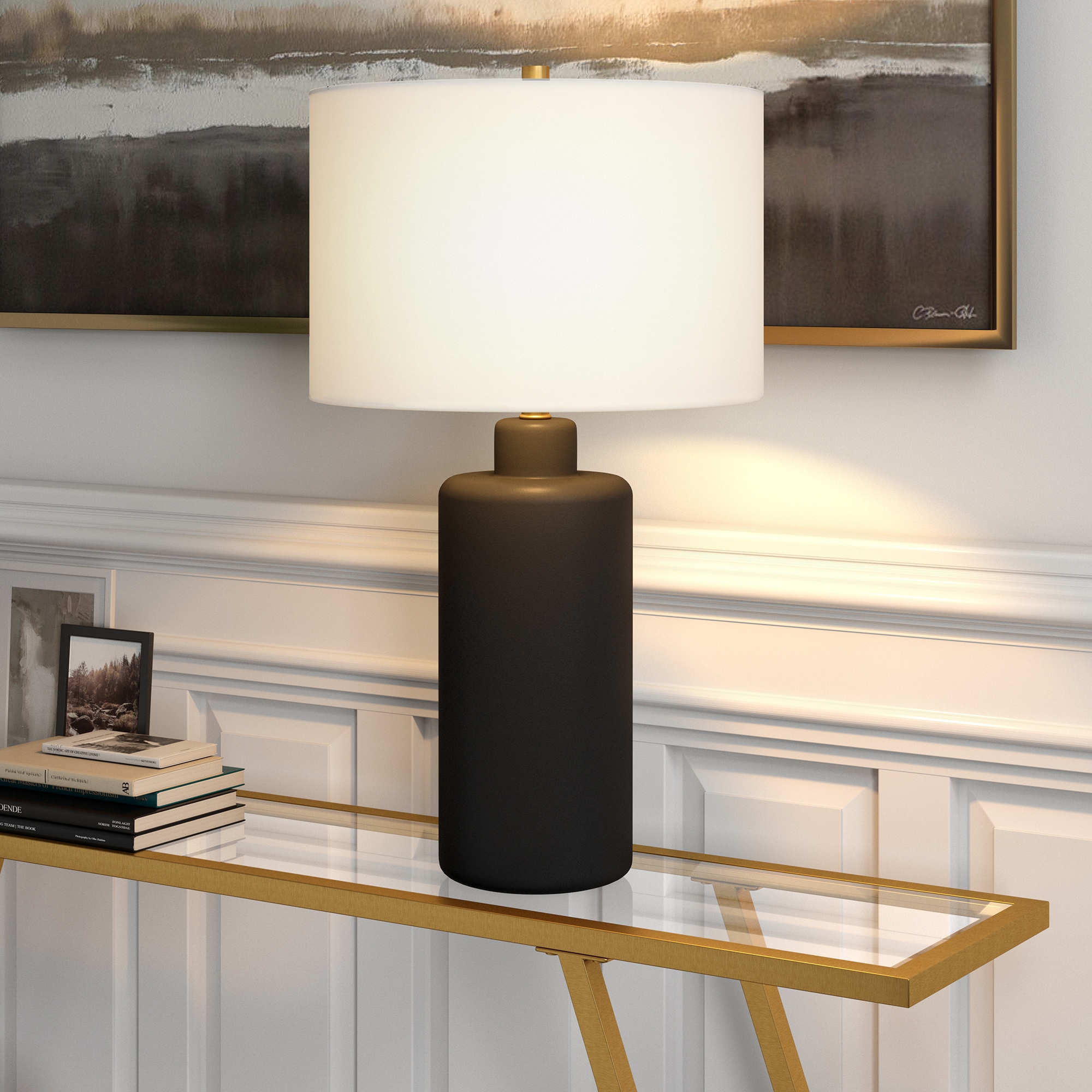 Matte Black Ceramic Nightstand Lamp with White Linen Shade