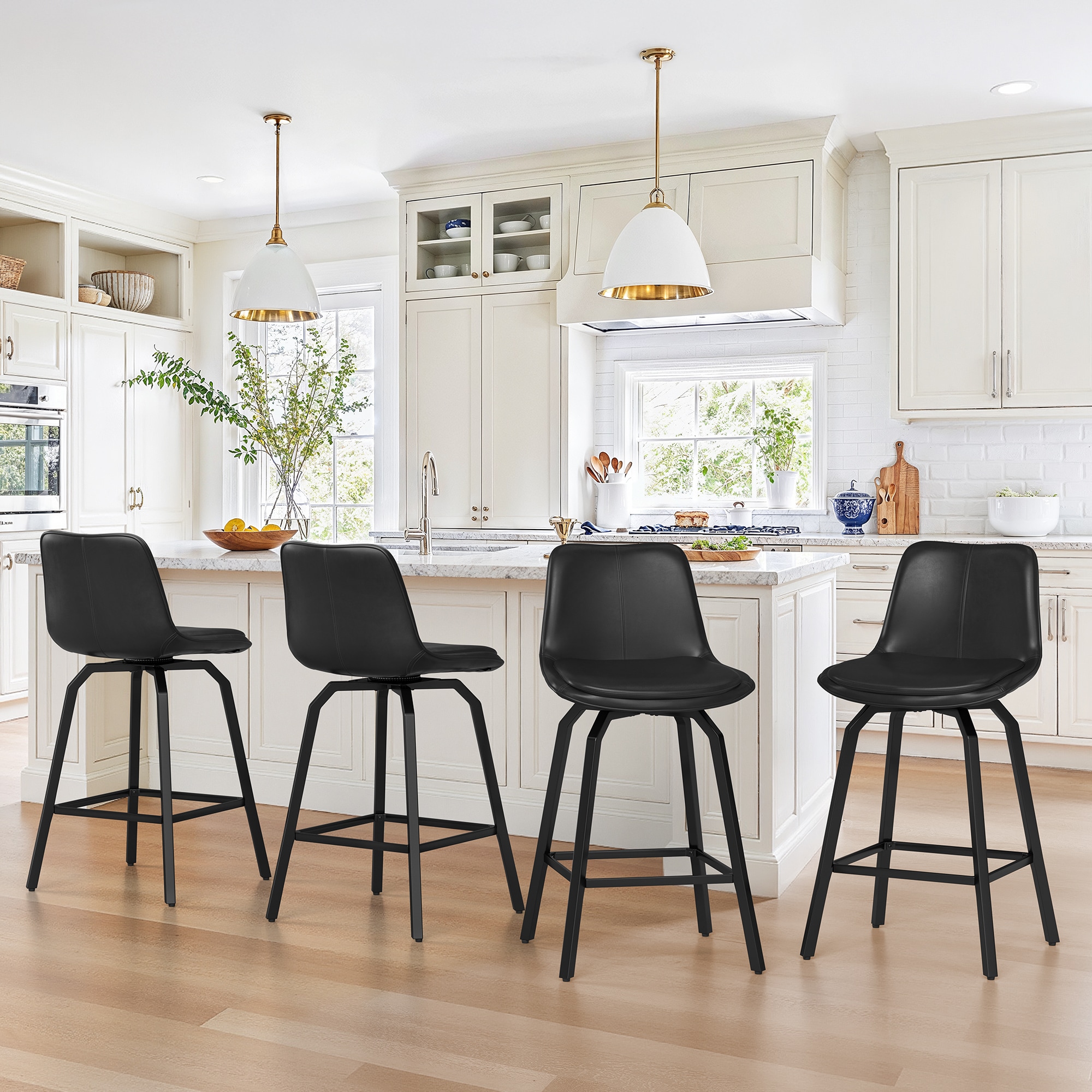 Hosworth - 26in Swivel Bar Stools Set of 4 Faux Leather Counter Height Barstools with Back Enlar...