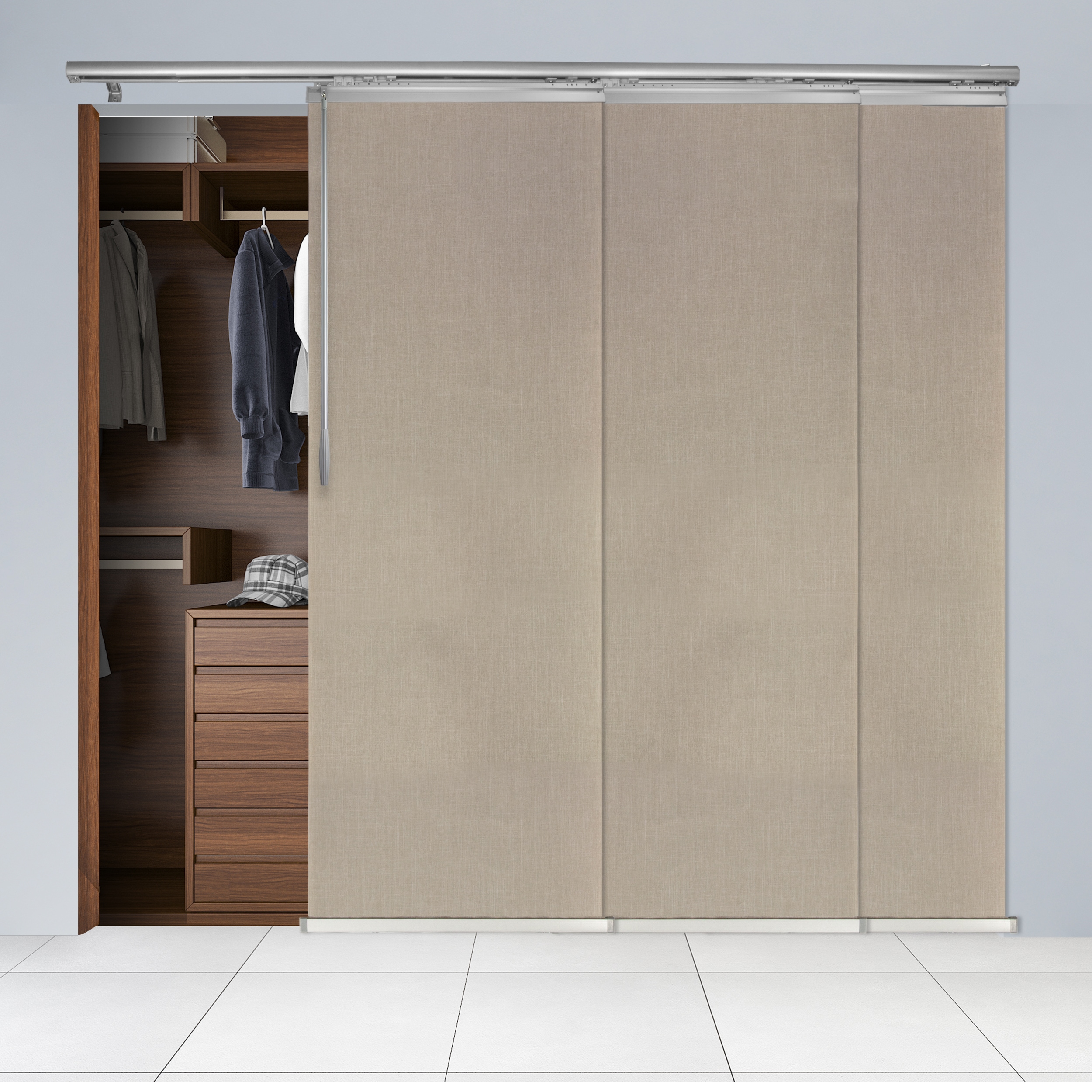 Hart & Harlow L-T24-3-3P23A 3-Panel Single Rail 23.5-in Slat Width 66.0-in x 91.4-in Cordless Biscotti Fabric Light filtering Panel track blinds