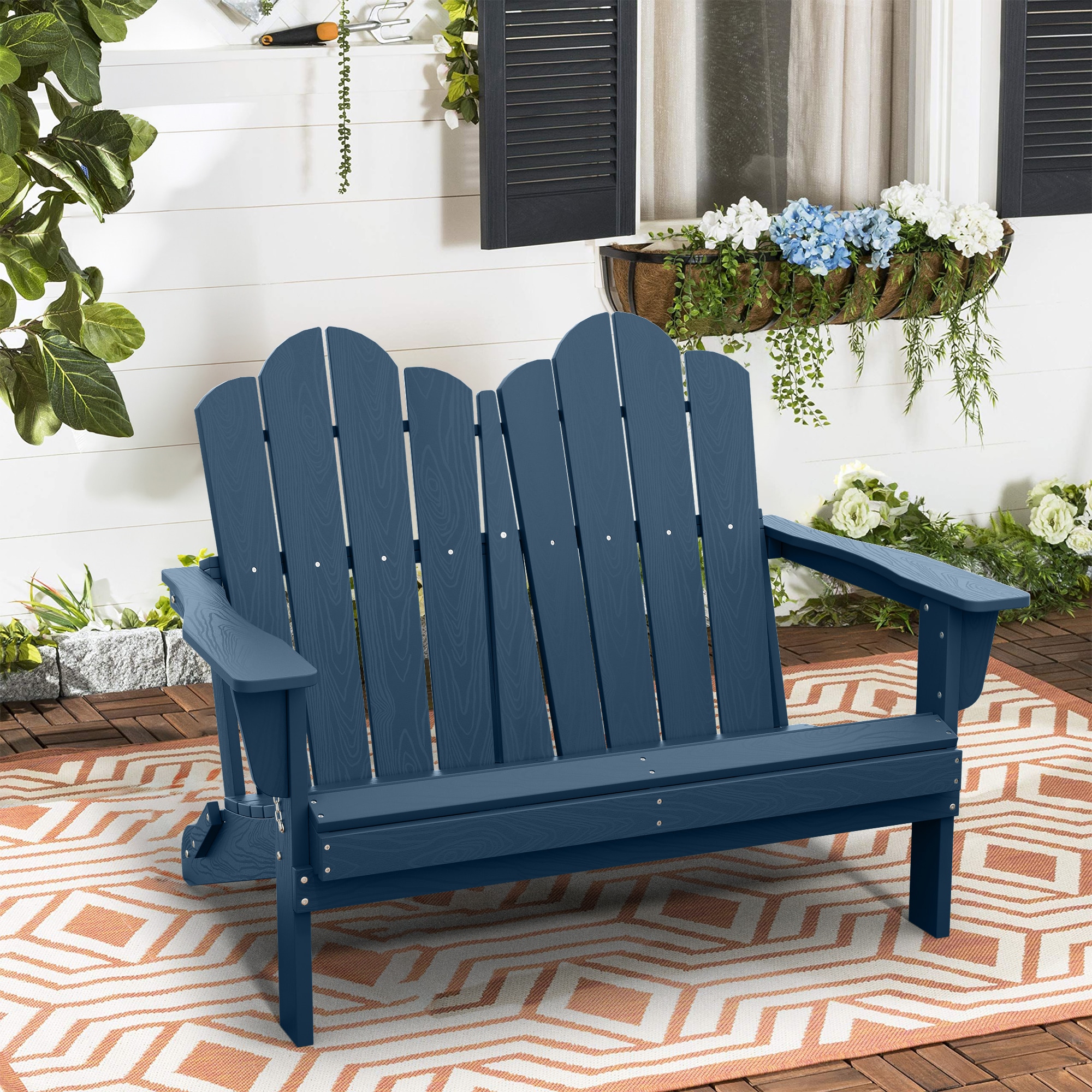 VOUA 2YDY-NV Poly Navy HDPE Frame Stationary Adirondack Chair with Solid Seat