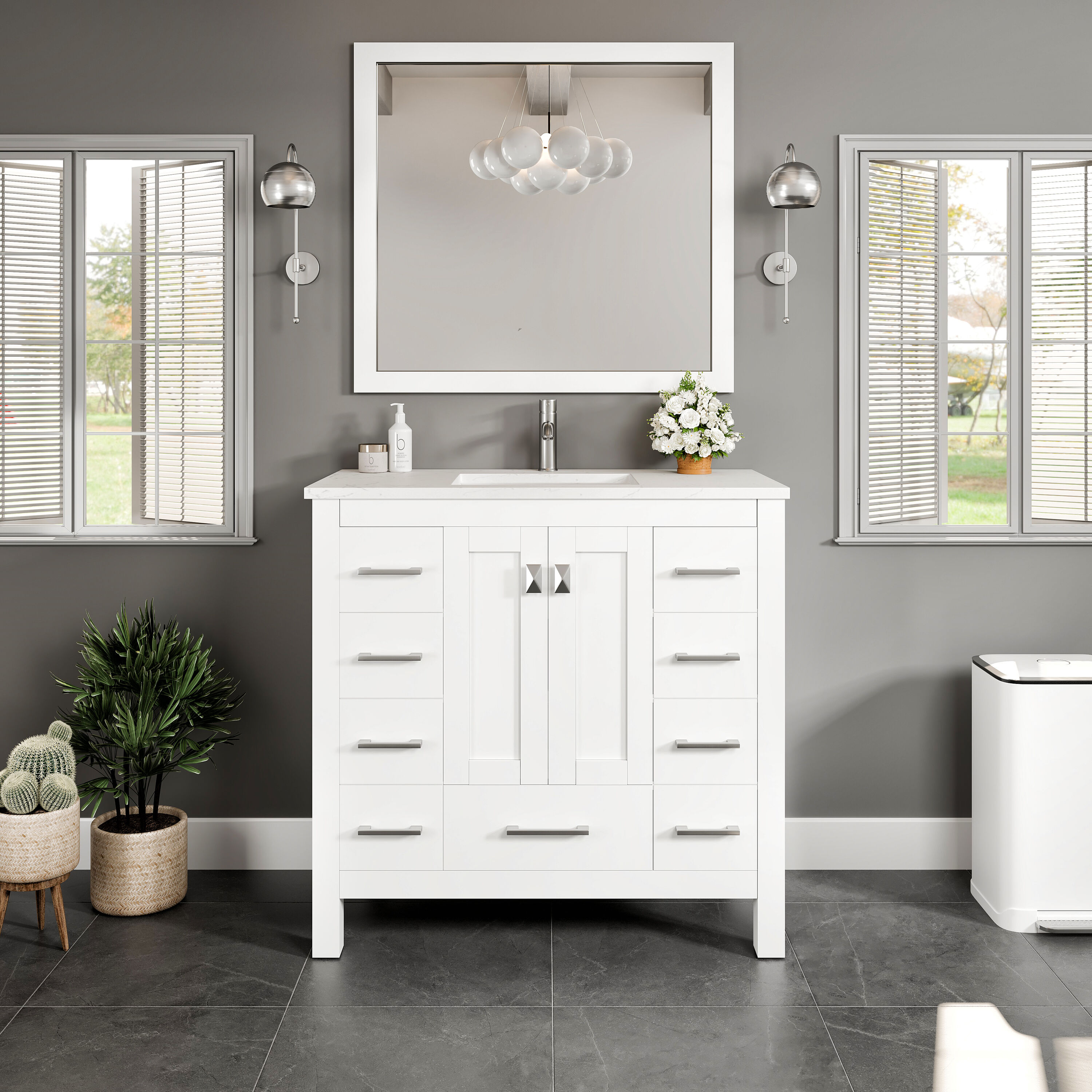 Eviva EVVN411-36X18WQ Hampton 36-in White Undermount Single Sink Bathroom Vanity with White Quartz Top