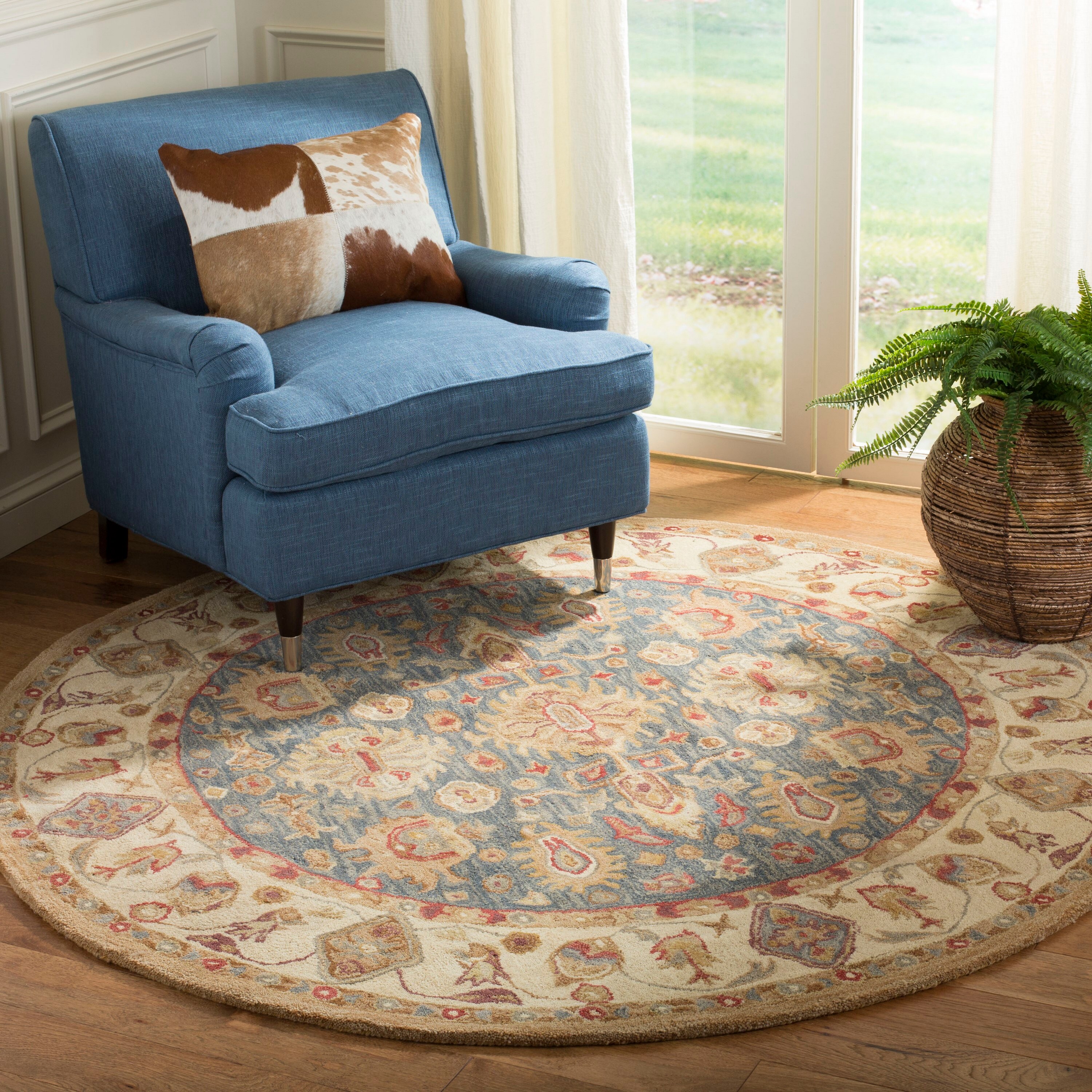 Safavieh AN547A-4R Anatolia Eucid 4 x 4 (ft) Tufted Wool Blue/Ivory Round Indoor Floral/Botanical Vintage Area rug