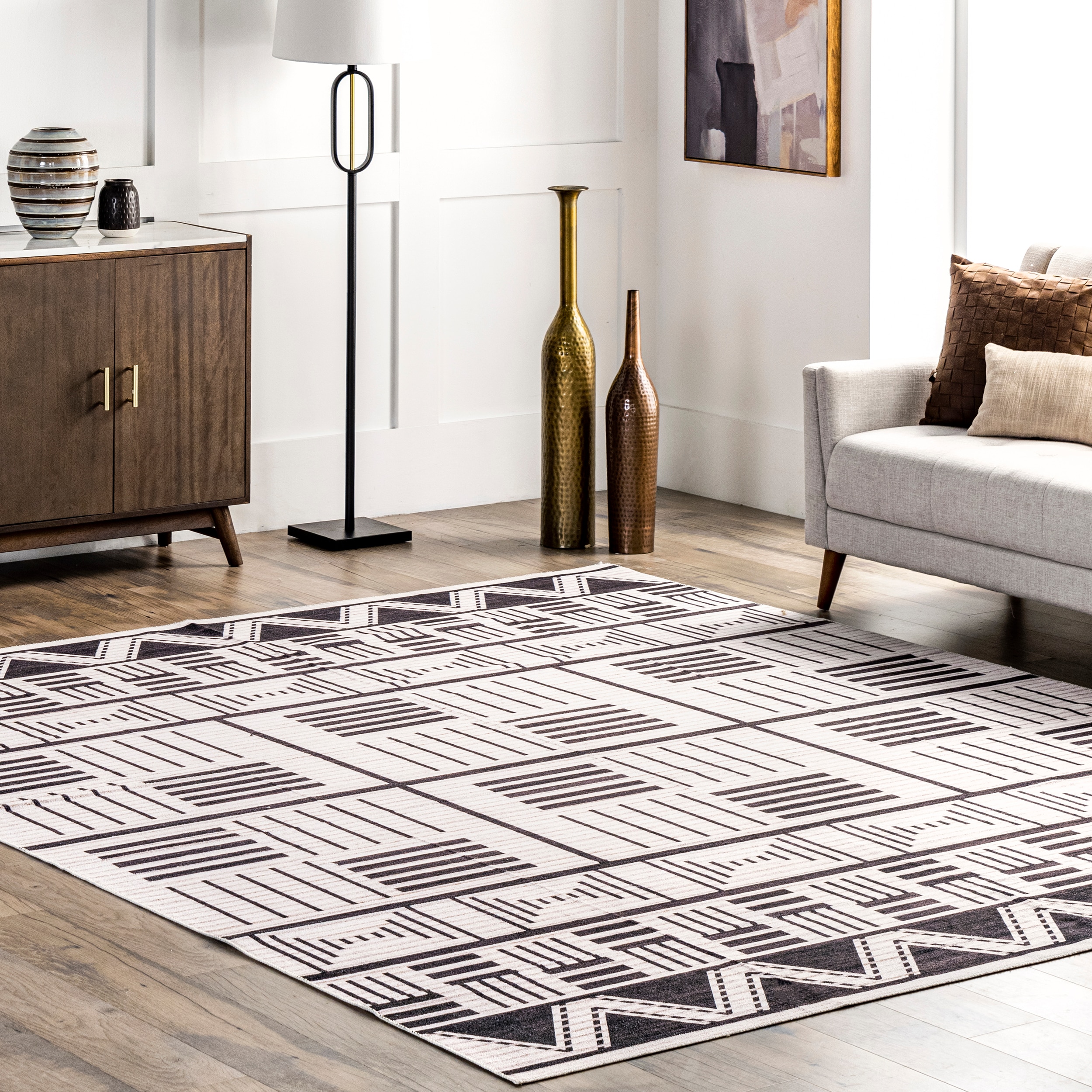 nuLOOM 200BIRV72A-8010 Evia SpinClean Tribal Stripes Machine Washable 8ft. x 10ft. Charcoal Area Rug