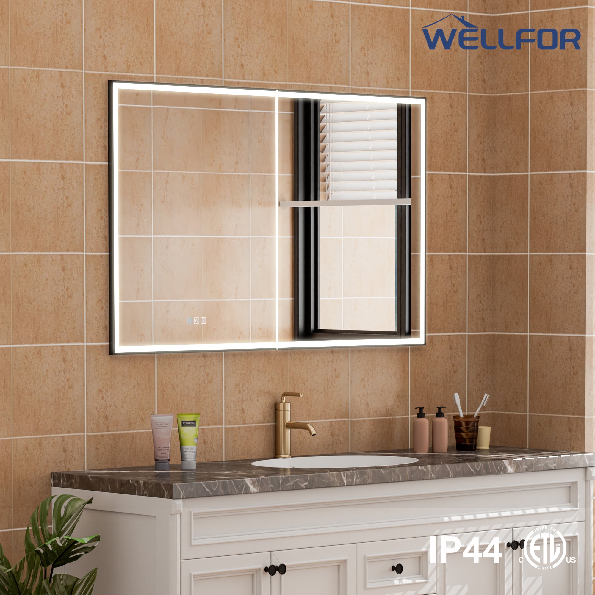 WELLFOR AYLA 48-in x 30-in Lighted LED Fog Free Surface/Recessed Mount Black Soft Close Medicine Cabinet with Outlet
