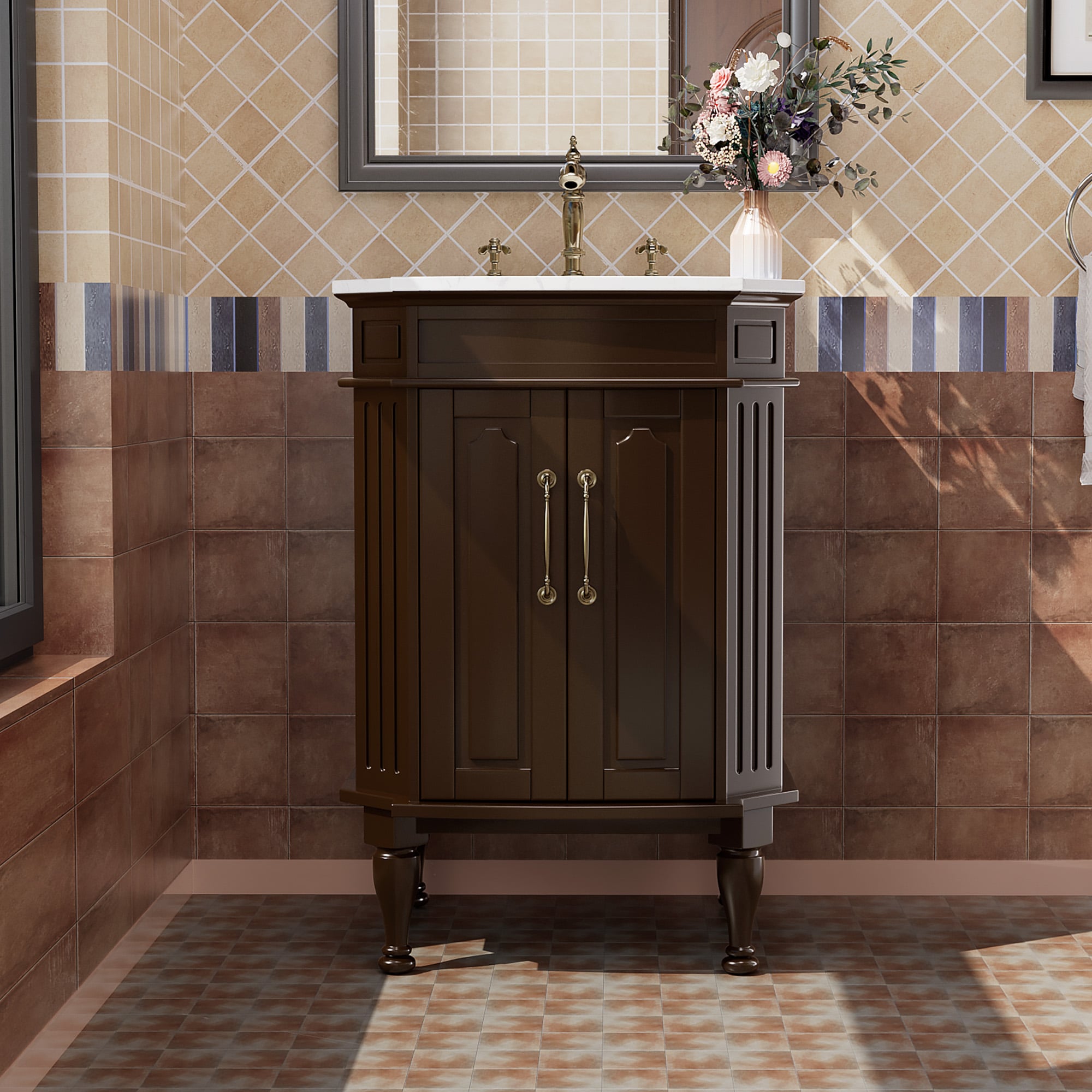JEAREY GQSF-S-BE Bathroom vanties with top 24-in Brown Single Sink Bathroom Vanity with White Ceramic Top