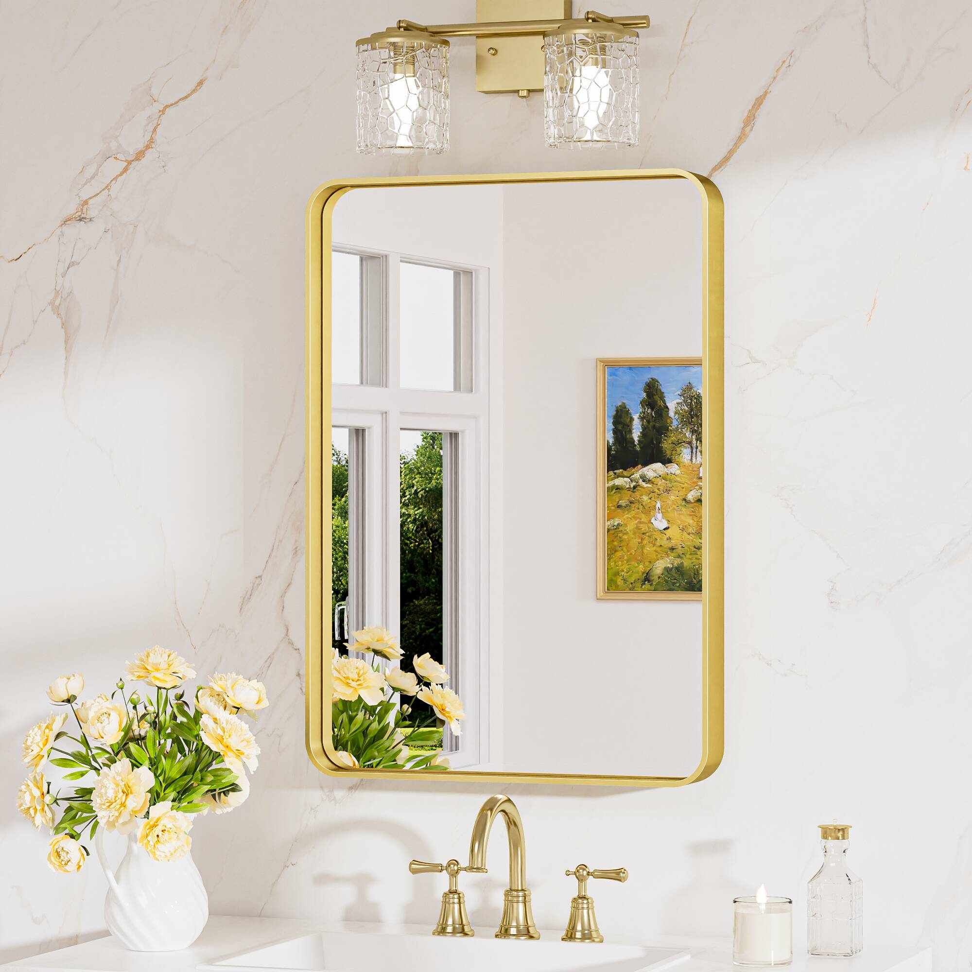 Keonjinn LW-JSKYJ2-4060GD Bathroom Mirrors 16-Inches W x 24-Inches H Rectangle Brushed Gold Framed Wall Mirror