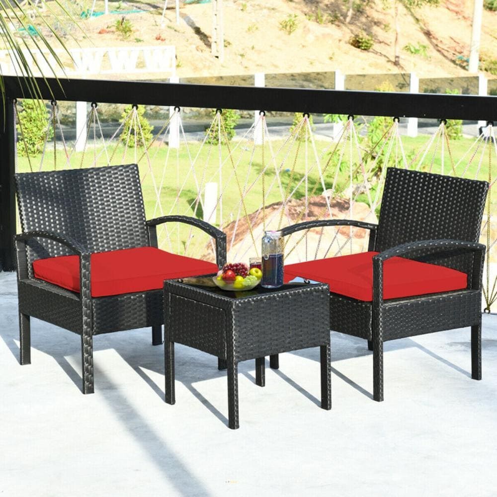 BABOOM BOM-63218RE-CO Patio Furniture Set 3 -Piece Rattan Patio Conversation Set with Red Red Cushions