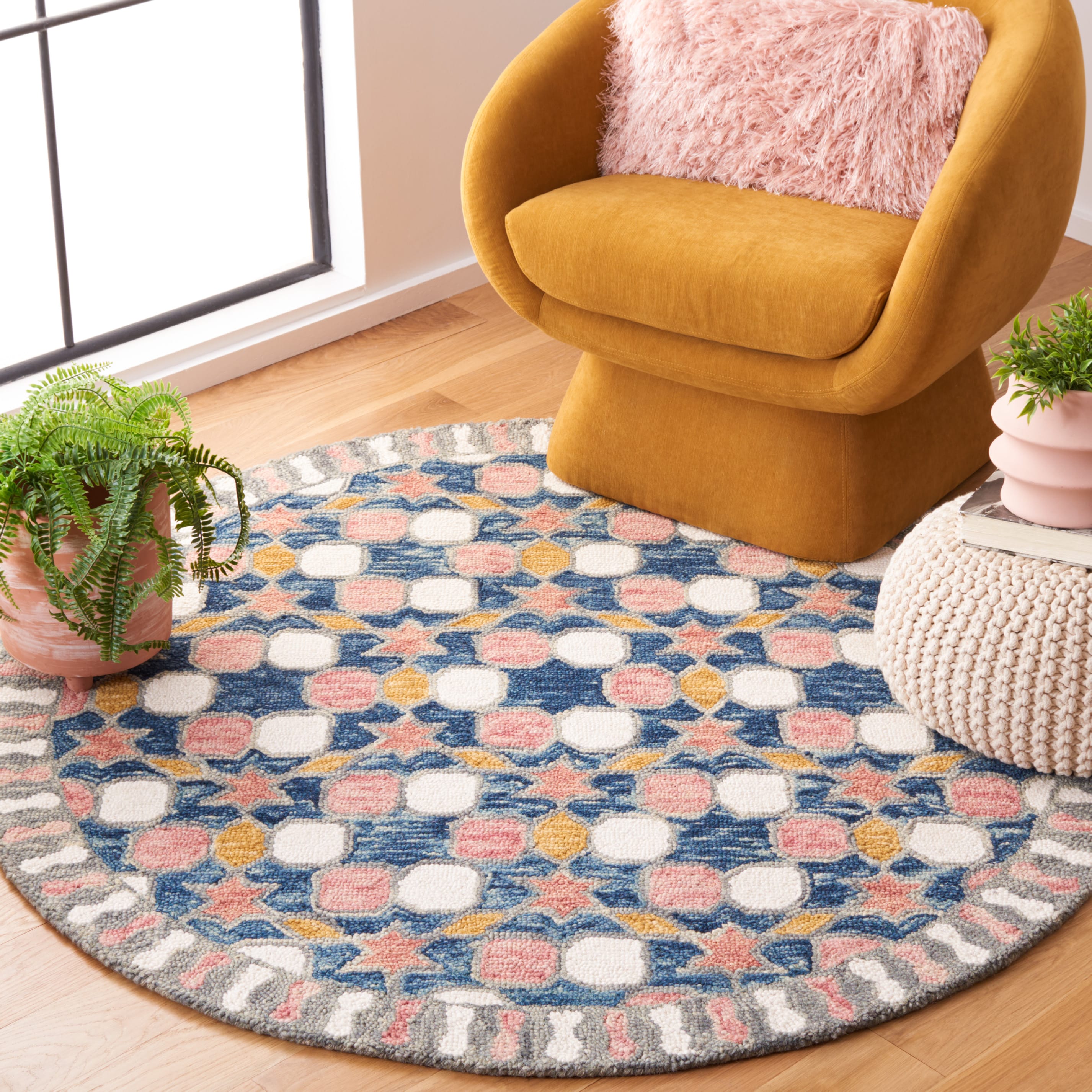  Aspen 128 Gray/Pink Contemporary 5ft x 5ft Round Rug