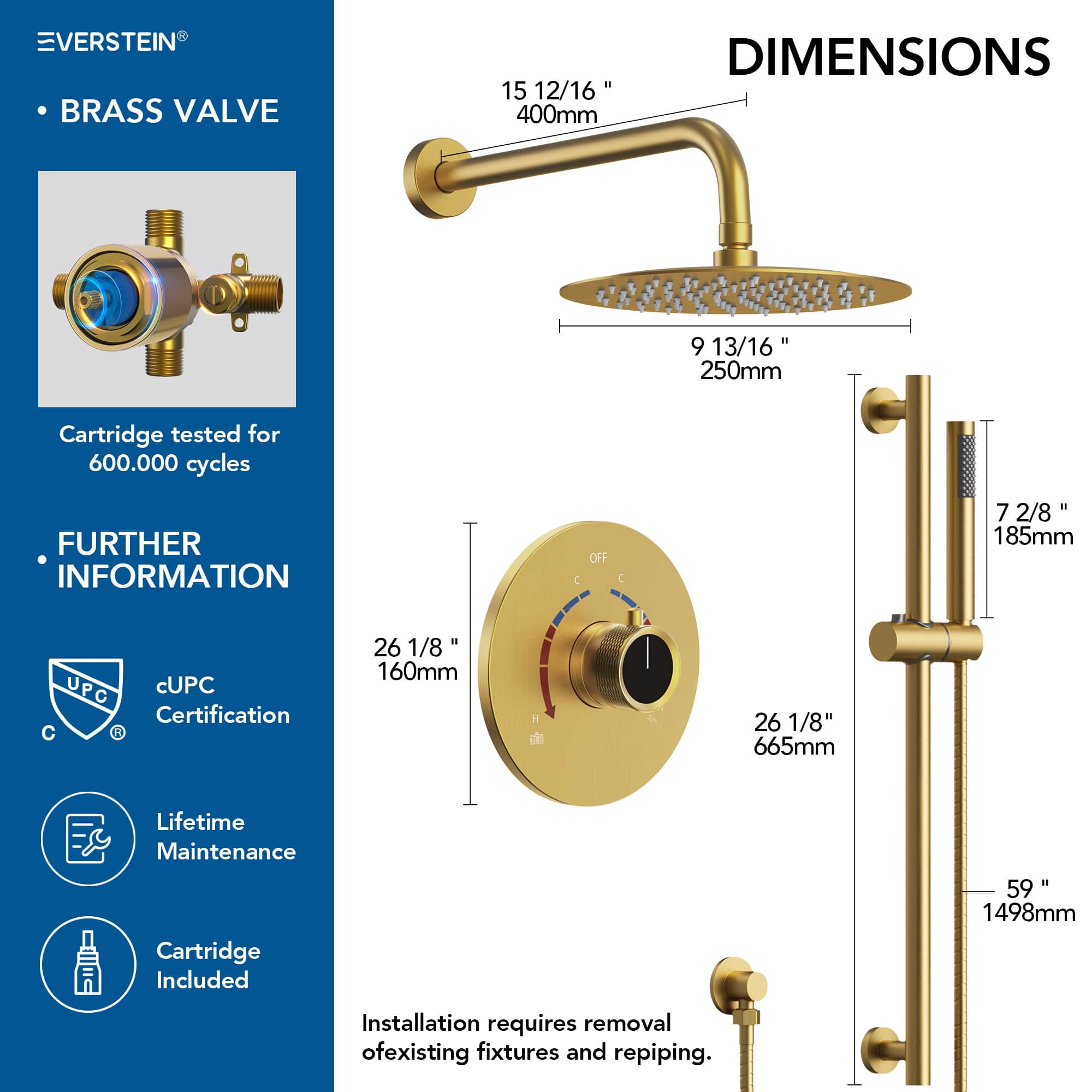 EVERSTEIN SFS-1013-GD10 Showerhead-Bar-Panels - View #11