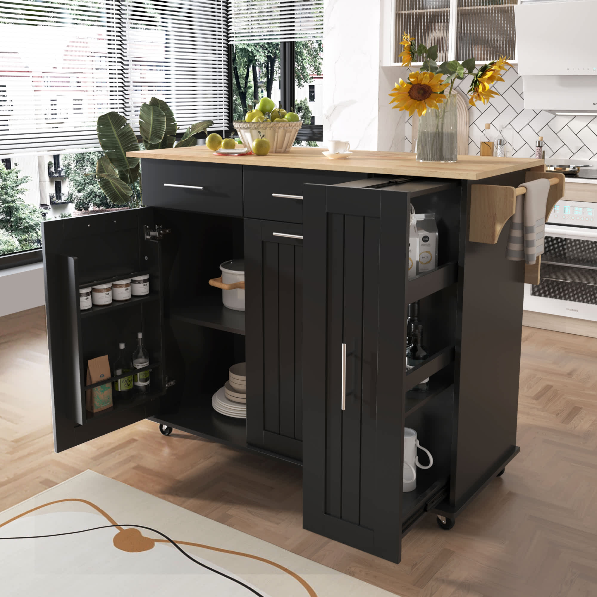 Misty Moon 46 Inch Black Kitchen Island with Drop Leaf Kitchen Storage Cart on Wheels with 3 Tier Pull Out Cabinet Organizer for Kitchen
