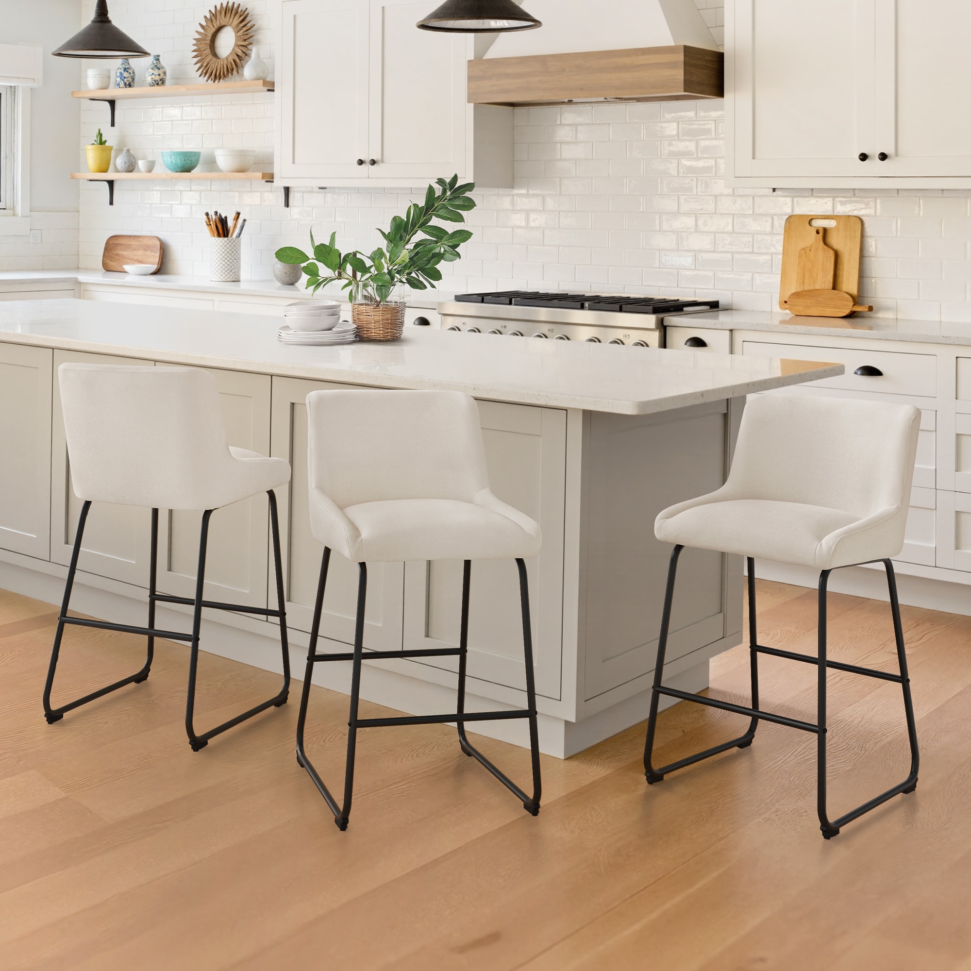 Beige 26.5-in H Counter height Upholstered Metal Bar Stool 3 -Pack