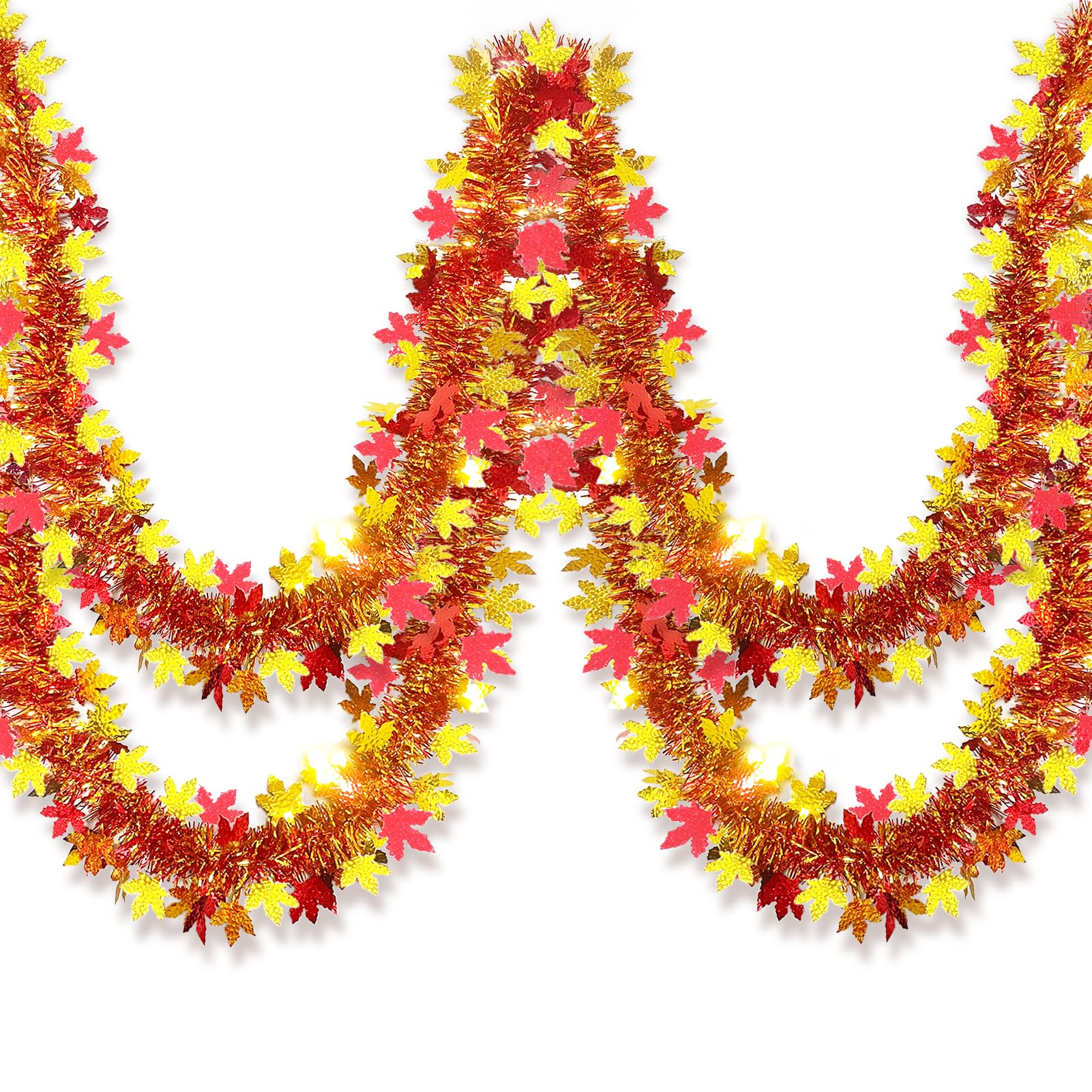KIWDZFU 33Ft Thanksgiving Fall Tinsel Garland Shiny Hanging Coarse Textured Red and Gold Maple Leaf Metallic Twist Garland Autumn Decor for Fall #LKI0817A1807