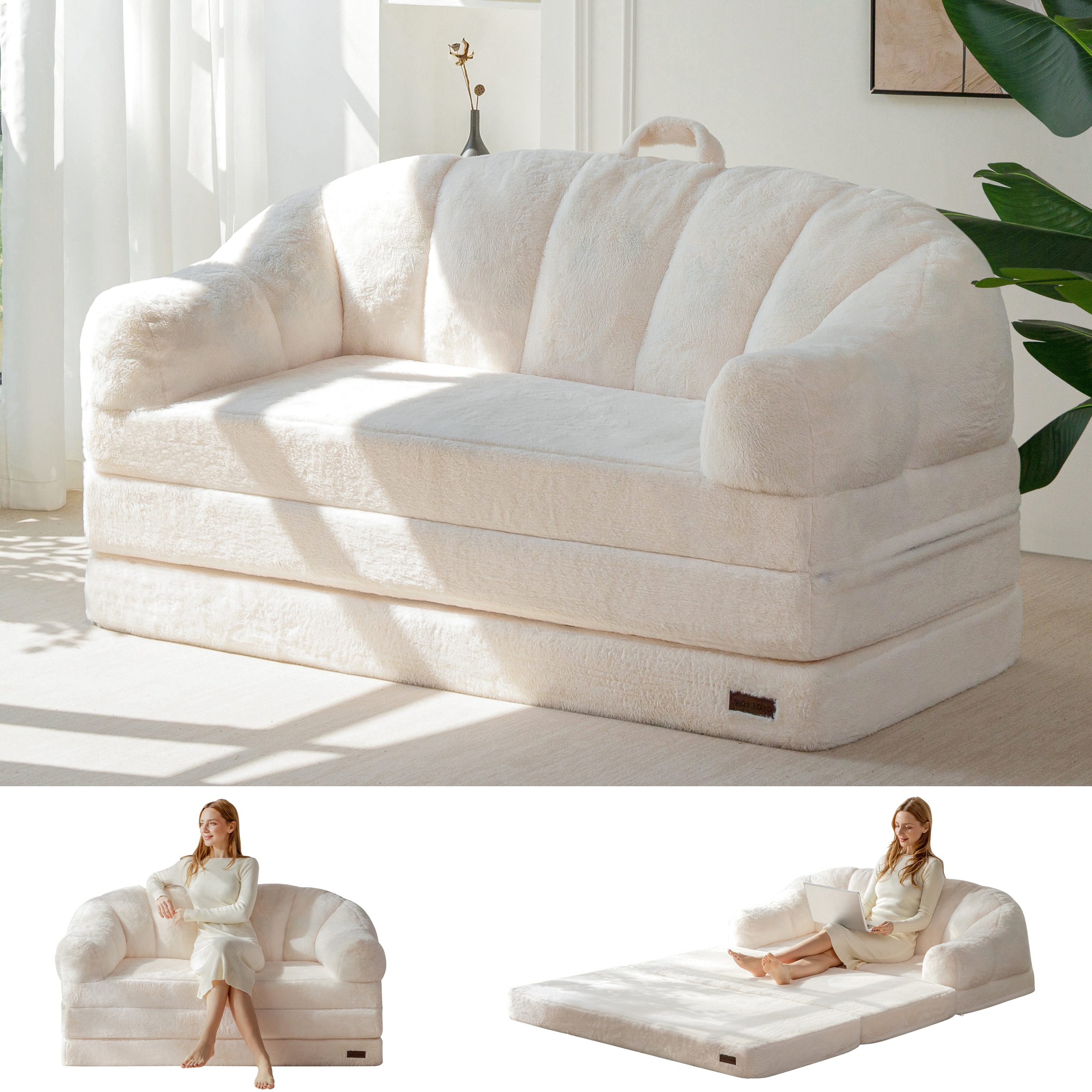 MAXYOYO 2 in 1 Convertible Sofa Folding Loveseat Sofa Faux Fur Couch in ...