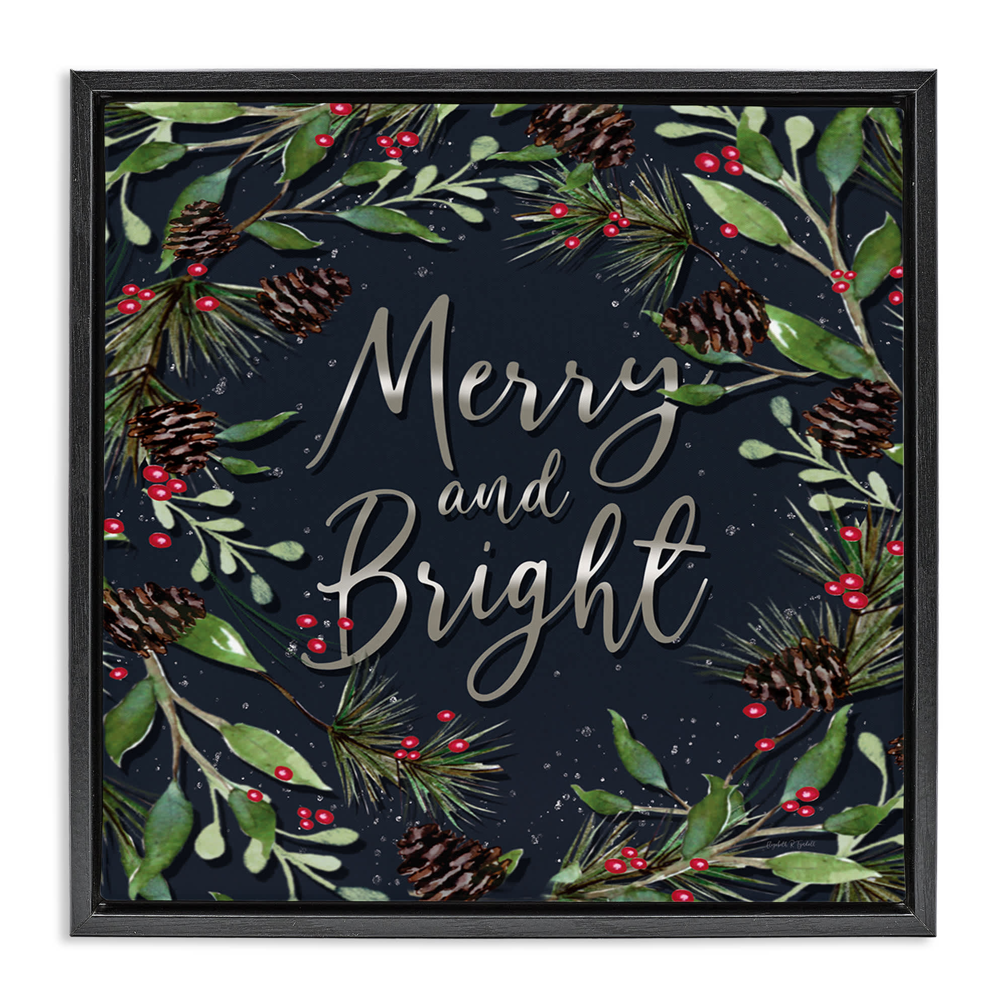 Stupell Industries BT-528-FFB-24X24 Merry and Bright with Holly Leaves Black Framed Floater Canvas Wall Art By Elizabeth Tyndall 25 x 25