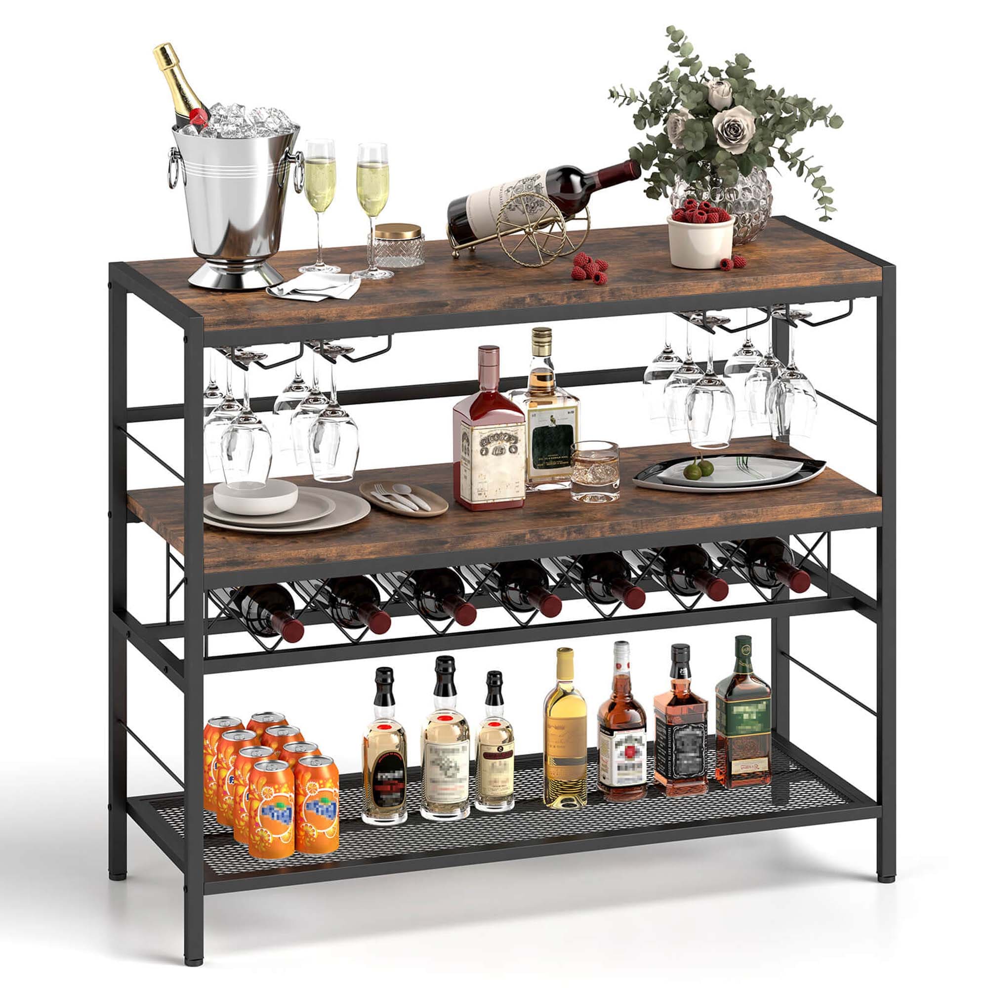 Costway  41 inches Wine Rack with 4 Glass Holders Wide Countertop Middle and Bottom Storage Shelves