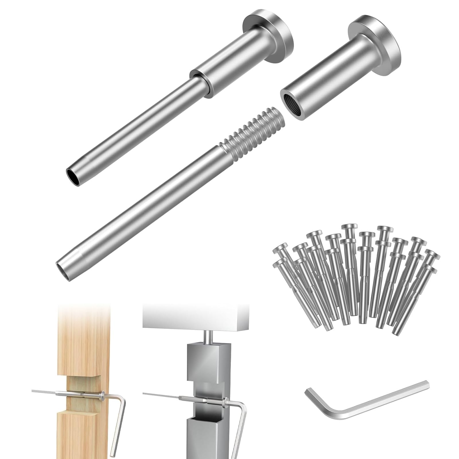 Misopily  24 Pack Invisible Cable Railing Kit for 1/8 Inch Cable with Tensioner Receiver and Swage Stud End for 2x2 Wood or Metal Posts
