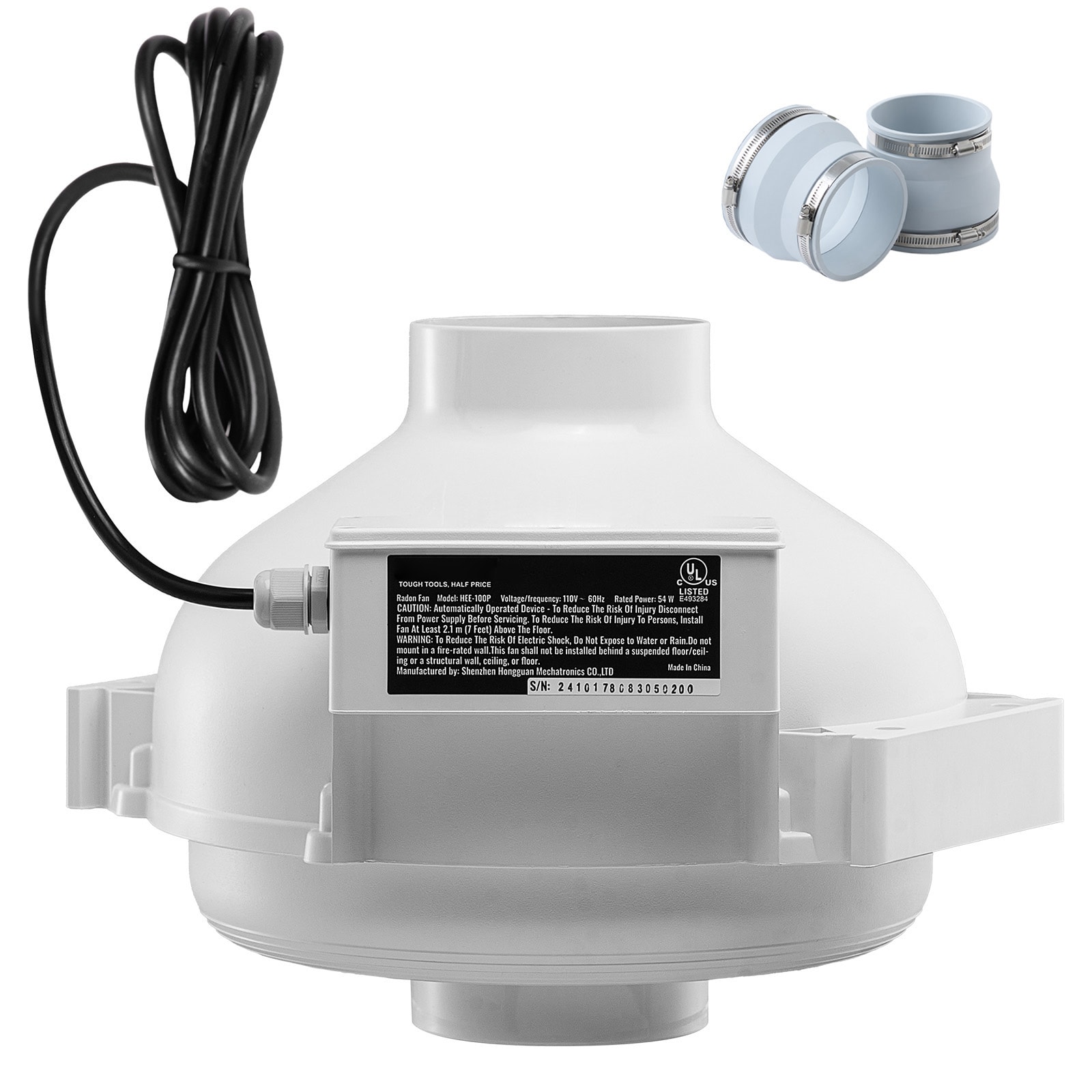 VEVOR DFSDJ4INCH26WNZBVV1 4 to 4.5 inch Radon Mitigation Fan System Quiet 260 CFM Radon Mitigation Kit with 2 Couplers Waterproof Radon Fan Electric Inline Duct Fan Exhaust Fan for Indoor Outdoor Ventilation