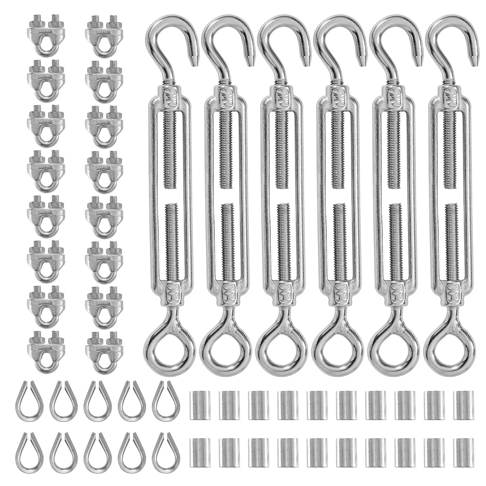 Etokfoks  stainless steel wire rope tension kit 6 pack M6 turnbuckles with M3 thimbles clips sleeves for cable railing and hanging use