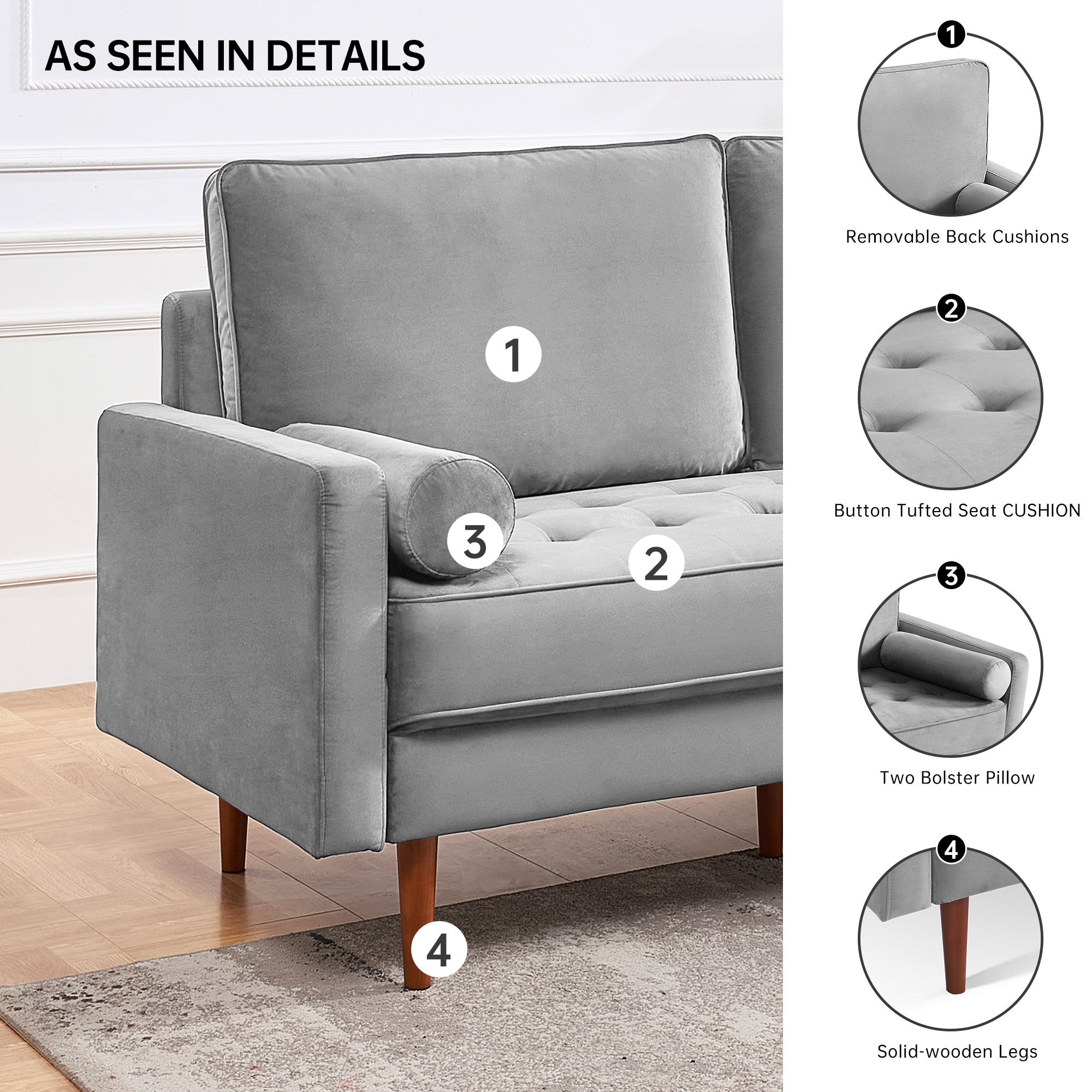 57 Inch Grey Velvet Loveseat with Bolster Pillows