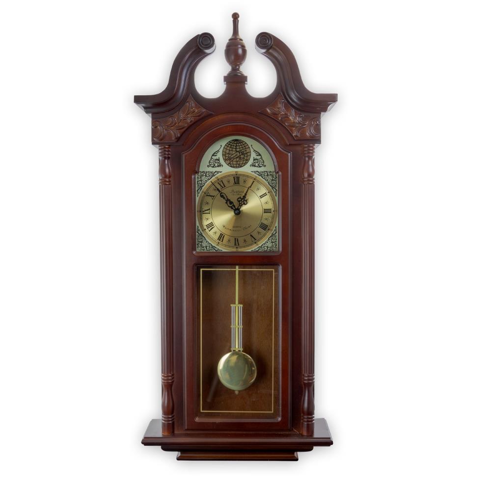 Bedford Clock Collection 38 Inch Cherry Oak Grandfather Wall Clock with Roman Numerals - Decorative Carved Accents - Silent Operation in Brown -  84997093M