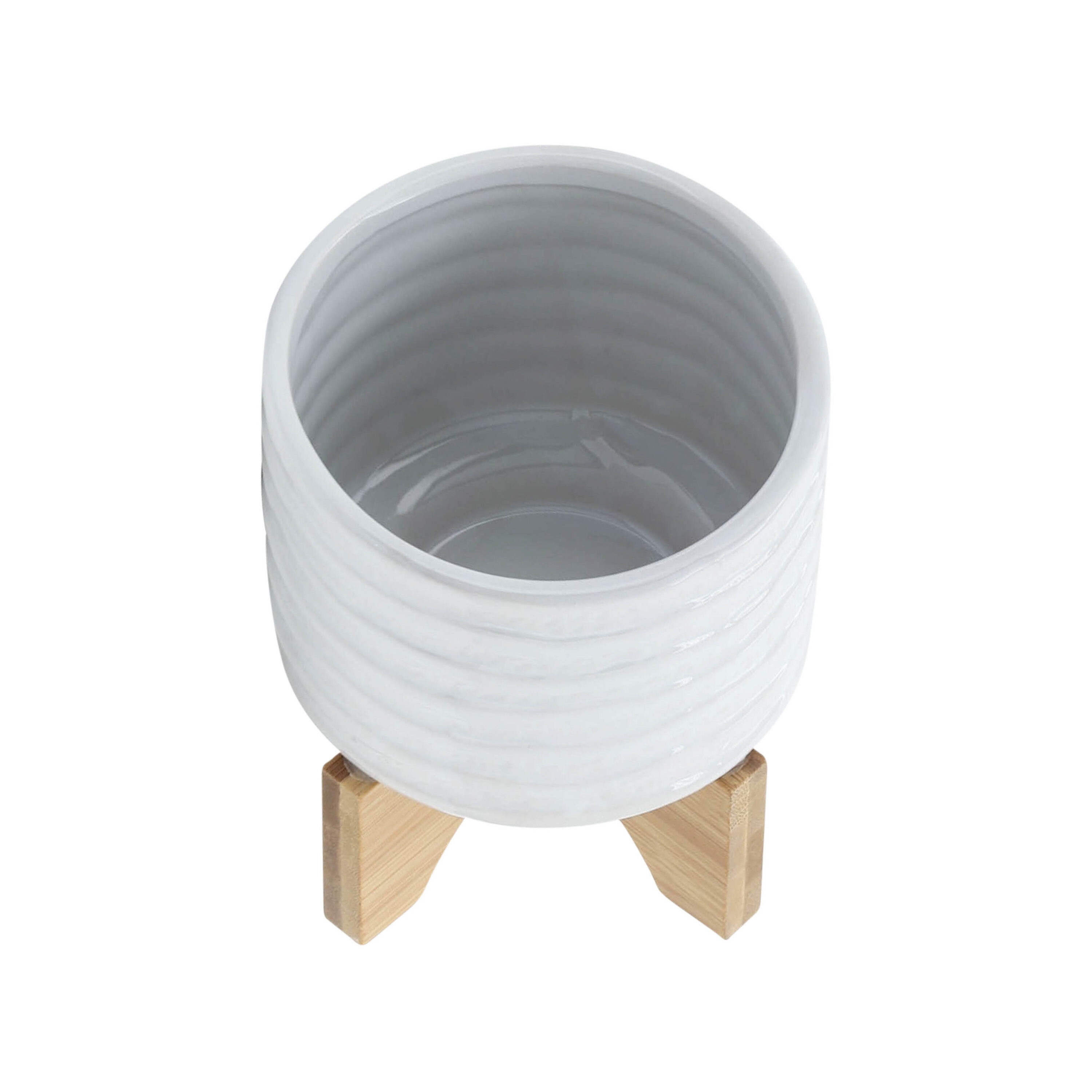 Elegant White Stripe Ceramic Planter with Wooden Stand, 6"x8"