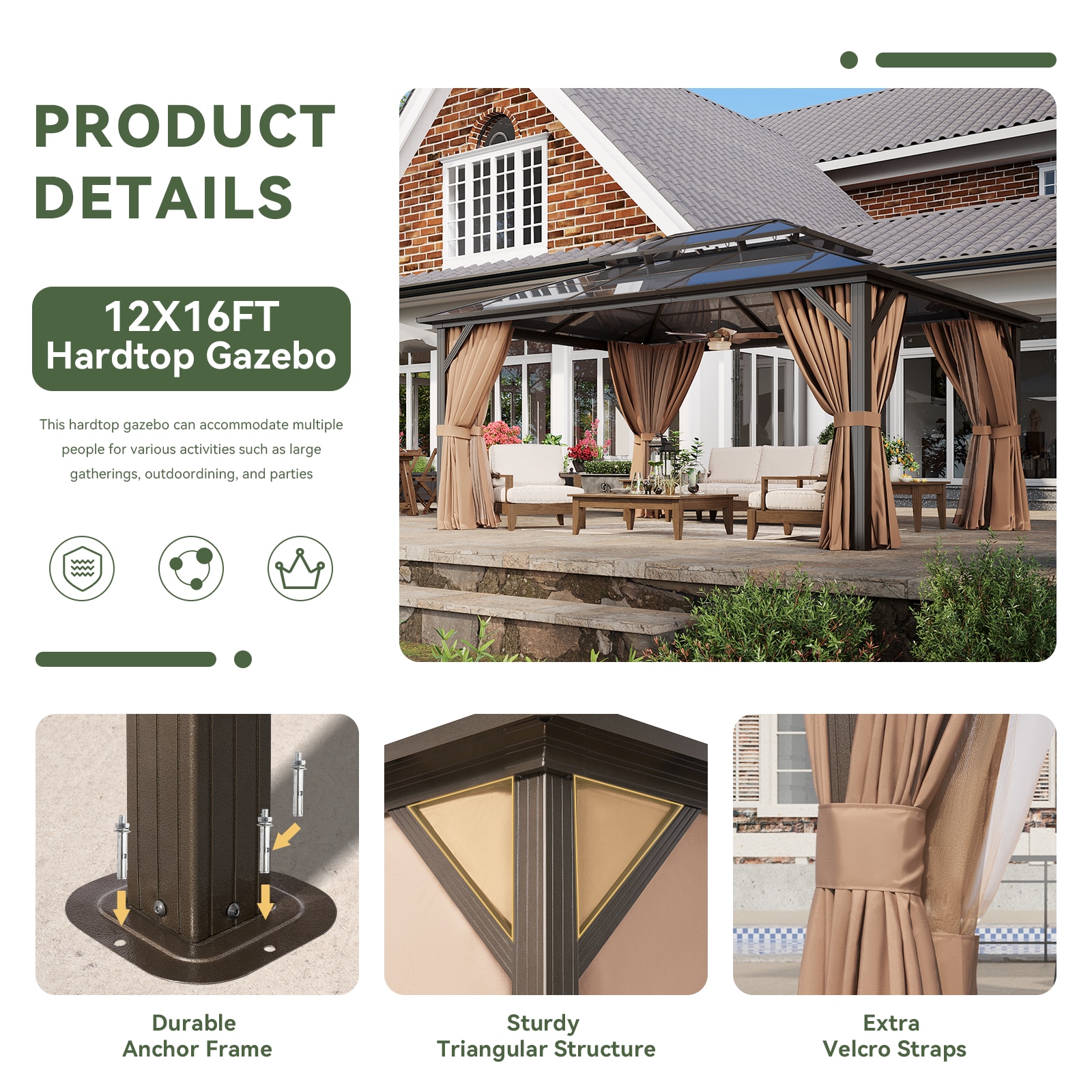 12' x 16' Beige and Black Aluminum Hardtop Gazebo