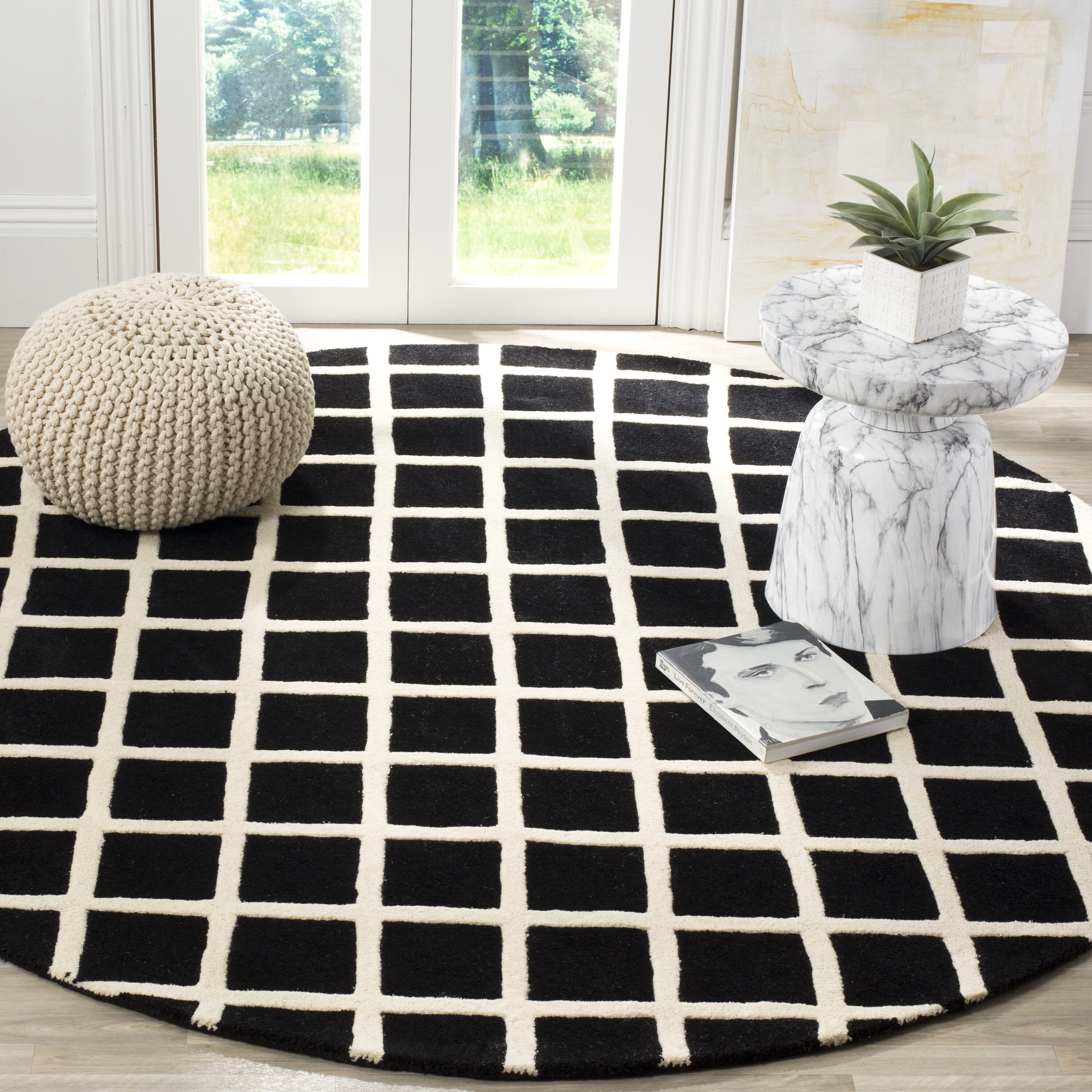  Cht718 Black/Ivory Contemporary 7ft x 7ft Round Rug