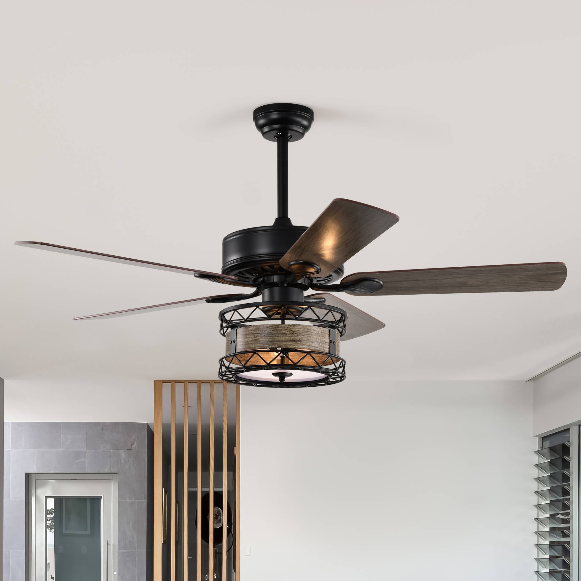 Fun Orange FUNS2CF05 Farmhouse Rustic 52-in Downrod or Flush Mount Black with Black Blades Chandelier Ceiling Fan With Light - Remote Included ( 5 -Blade )