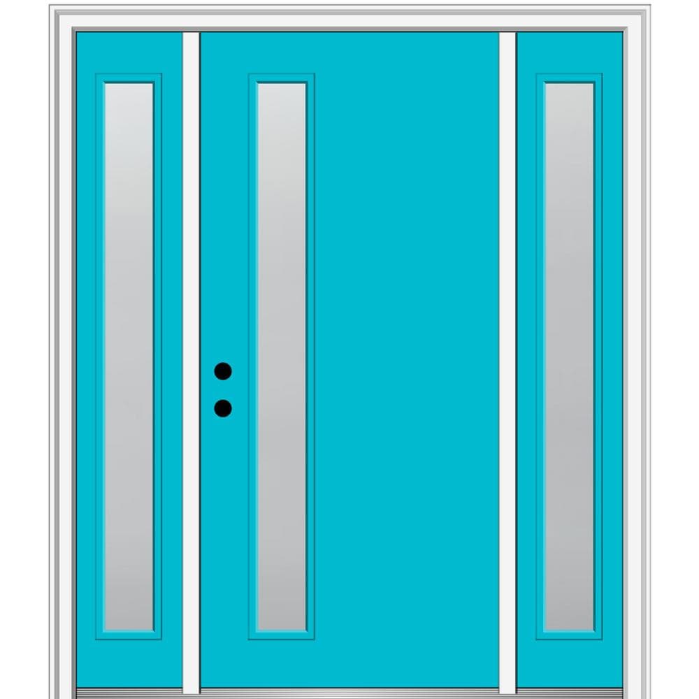 MMI DOOR ZZ347071R Spotlights 64-in x 80-in x 4-9/16-in Fiberglass Pulse lite Right-hand inswing Bahama Blue Painted Prehung Front Door with Sidelights with Brickmould Insulating core