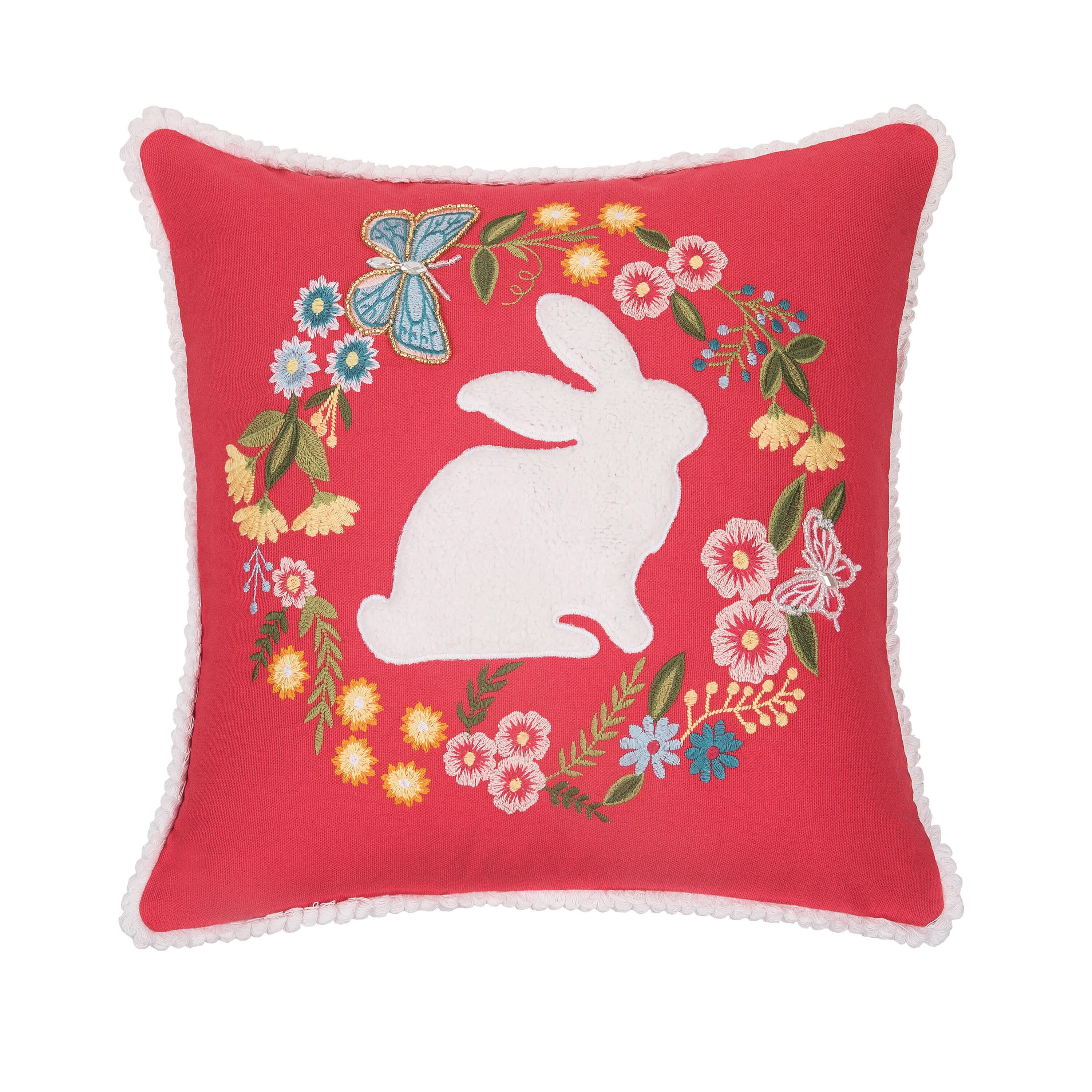 C&F Home Spring Easter Bunny Silhouette & Wreath Embroidered Applique Accent Throw Pillow, 16" x 16"
