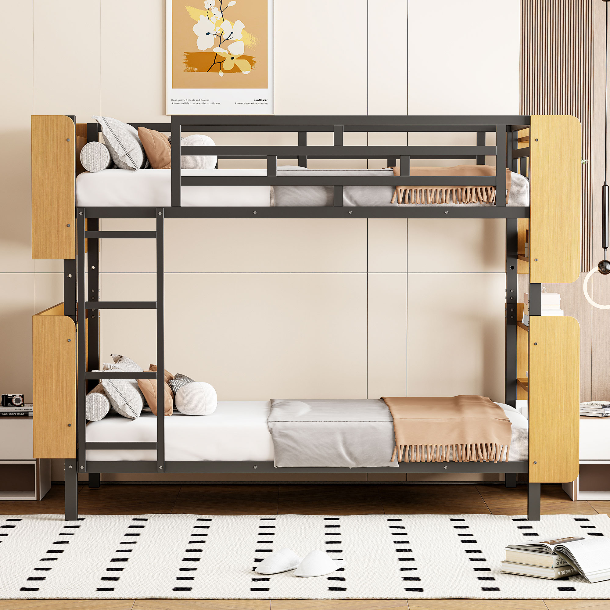 ModernLuxe L3P-SF000176AAB Twin Over Twin Size Metal Bunk Bed  with Ladder and FullLength Guardrail Storage Space No Box Spring NeededBlack