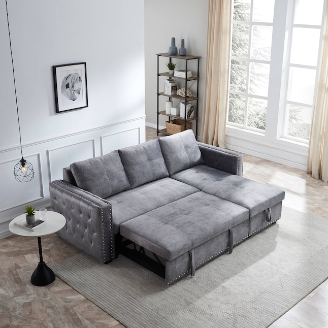 Sofa Bed Modern Gray Velvet Sectional, Contemporary Pull Out Sofa Bed