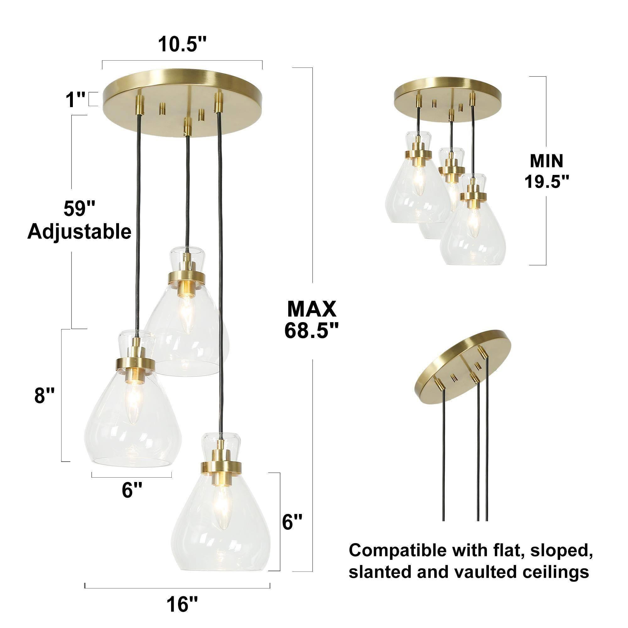 Uolfin 3-Light 16-in Brass Gold and Black with Clear Cup Glass Modern ...