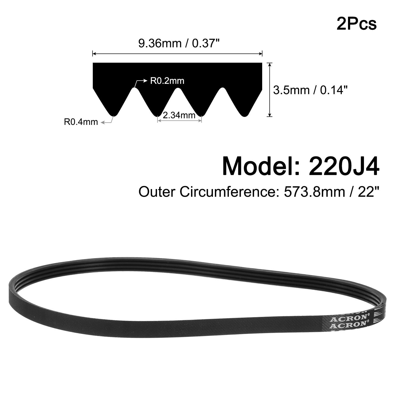 Unique Bargains 2pcs 220J4 Poly V Belt 4 Ribs PJ V-Ribbed Belt 22inch L ...