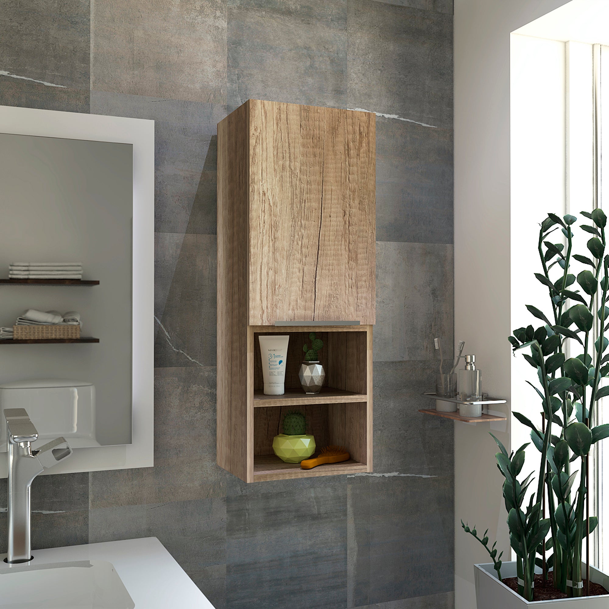 LOVMOR 10.04-in x 11.81-in x 32.17-in Light Oak Bathroom Wall Cabinet with Mirror and 2 Shelves and Single Door #SF-W-B128P148745