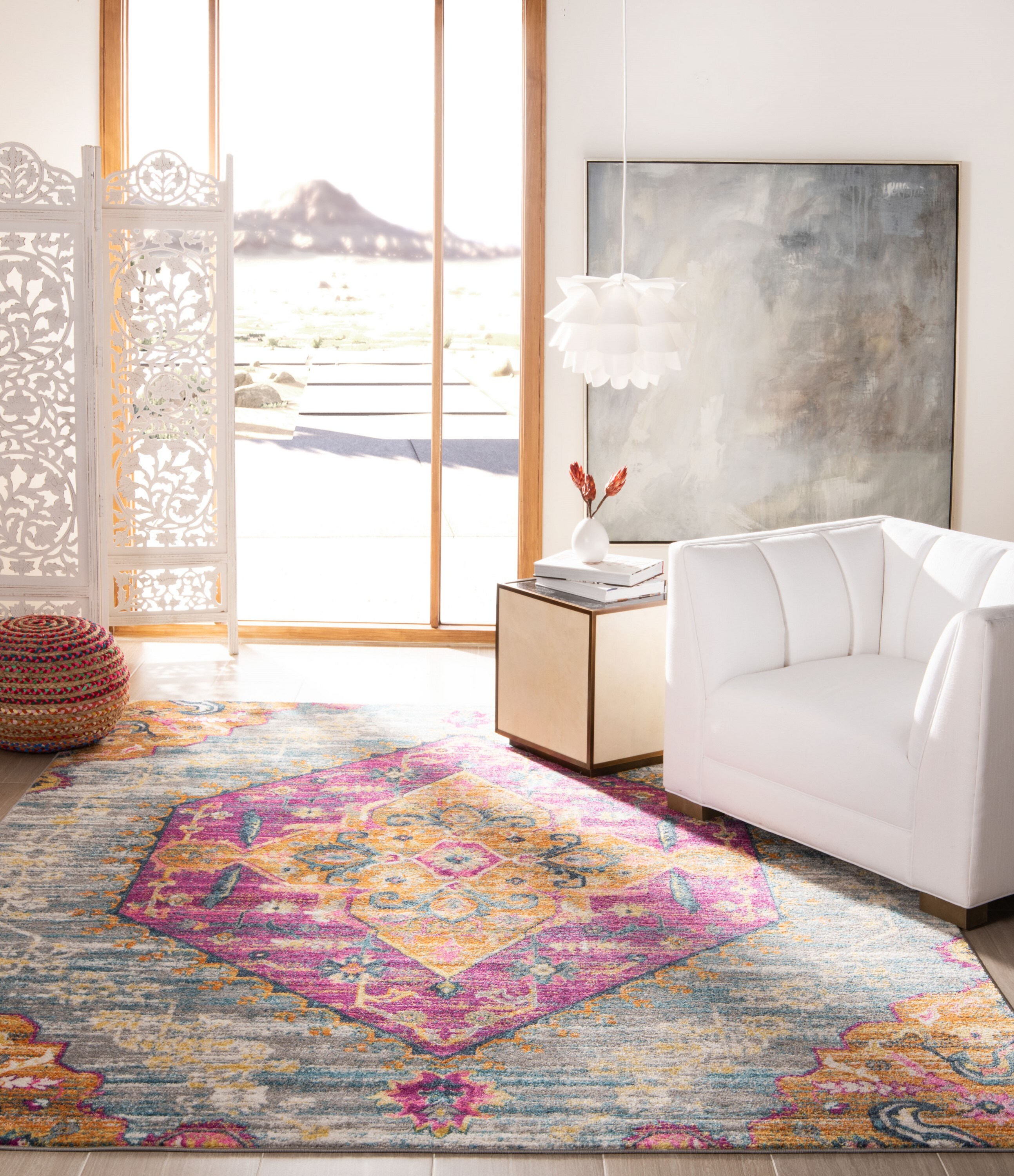Safavieh MAD119G-7SQ Madison Joliet 7 x 7 (ft) Loomed Polypropylene Light Gray/Fuchsia Square Indoor Distressed/Overdyed Bohemian/Eclectic Area rug