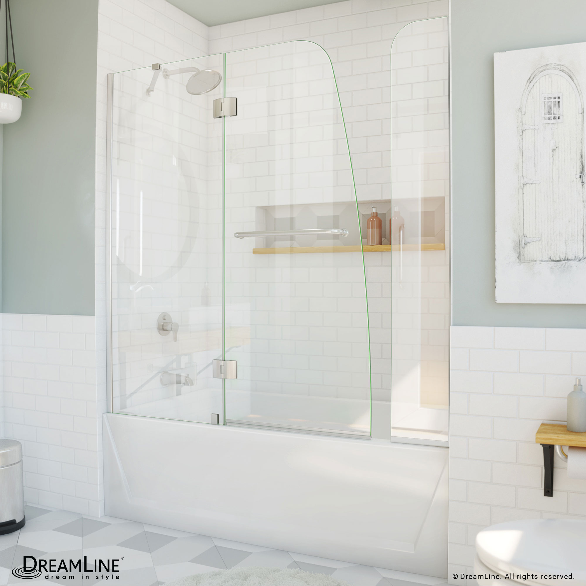 DreamLine SHDR-3148586-EX-04 Aqua Brushed Nickel 56-in to 60-in W x 58.0-in H Frameless Hinged Bathtub door