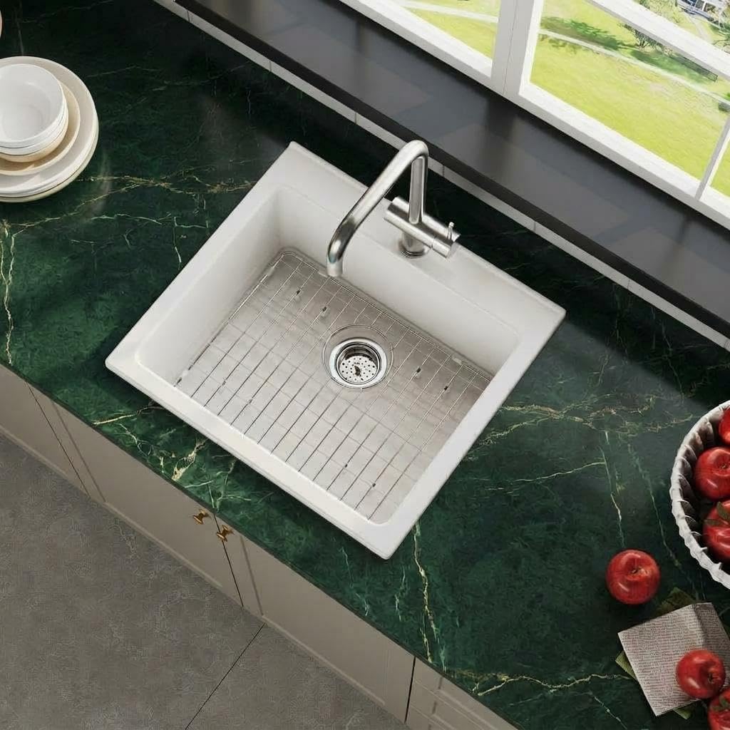 GAOMON 24in Drop-In White Fireclay Apron Front Kitchen Sink Large Single Bowl Classic Farmhouse Ceramic Basin for Kitchen or Laundry Room