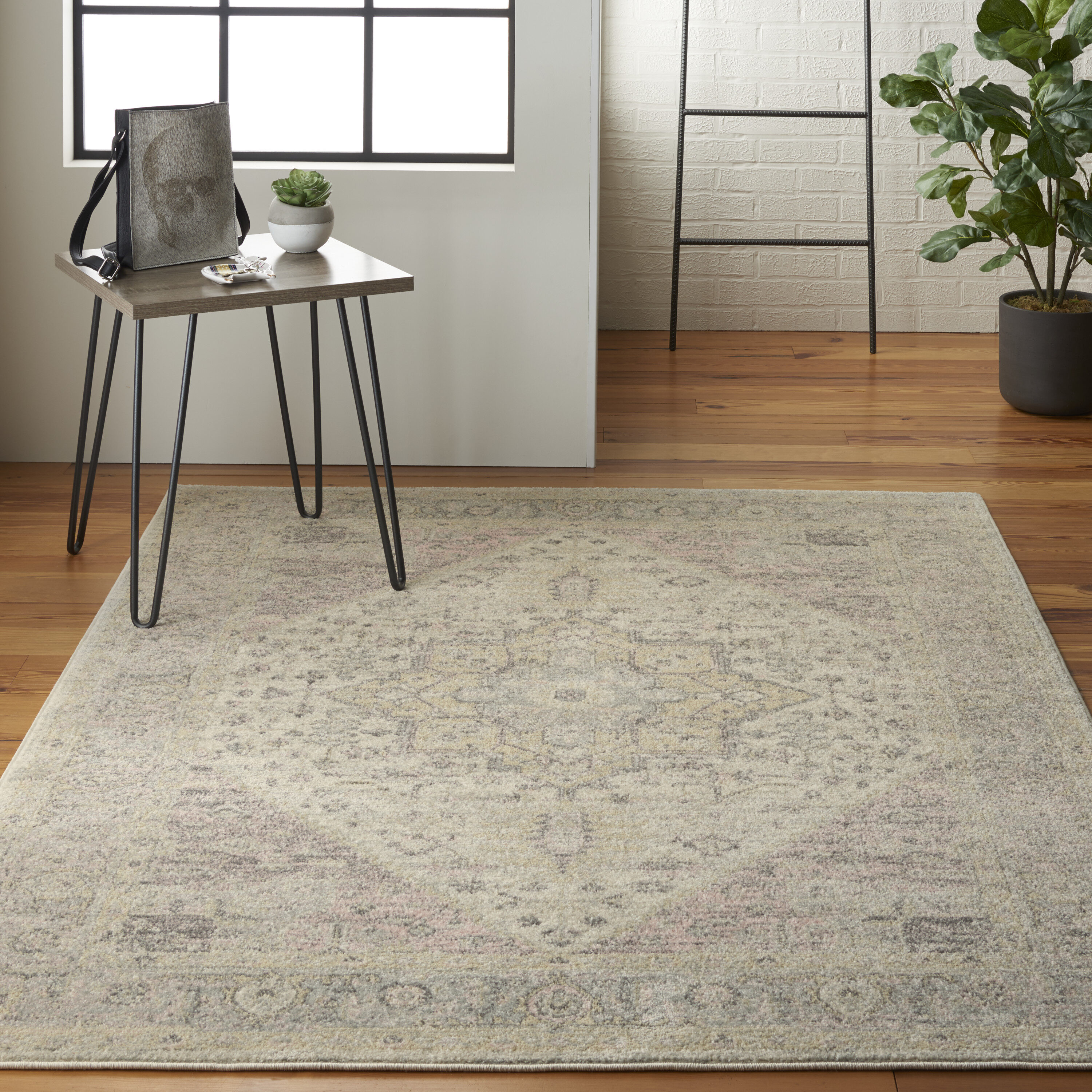 Nourison 99446485441 Tranquil 5 x 8 (ft) Loomed Polypropylene Ivory/Pink Rectangular Indoor Abstract Farmhouse/Cottage Area rug