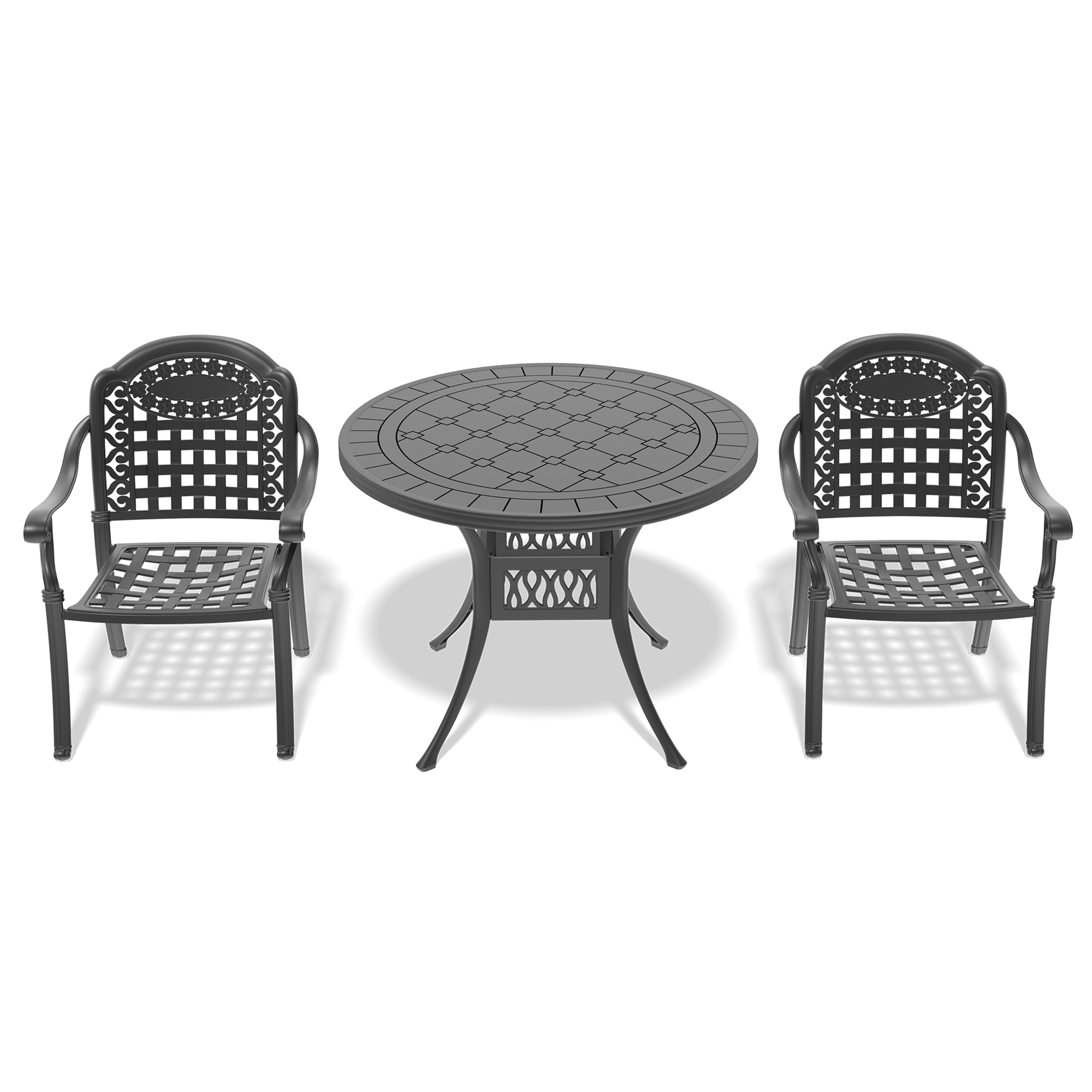 Kahomvis NICE-QP1092-069 3 -Piece Black Patio Dining Set Aluminum Round Table with 2 Multiple colors/finishes Cushions Stationary Chairs